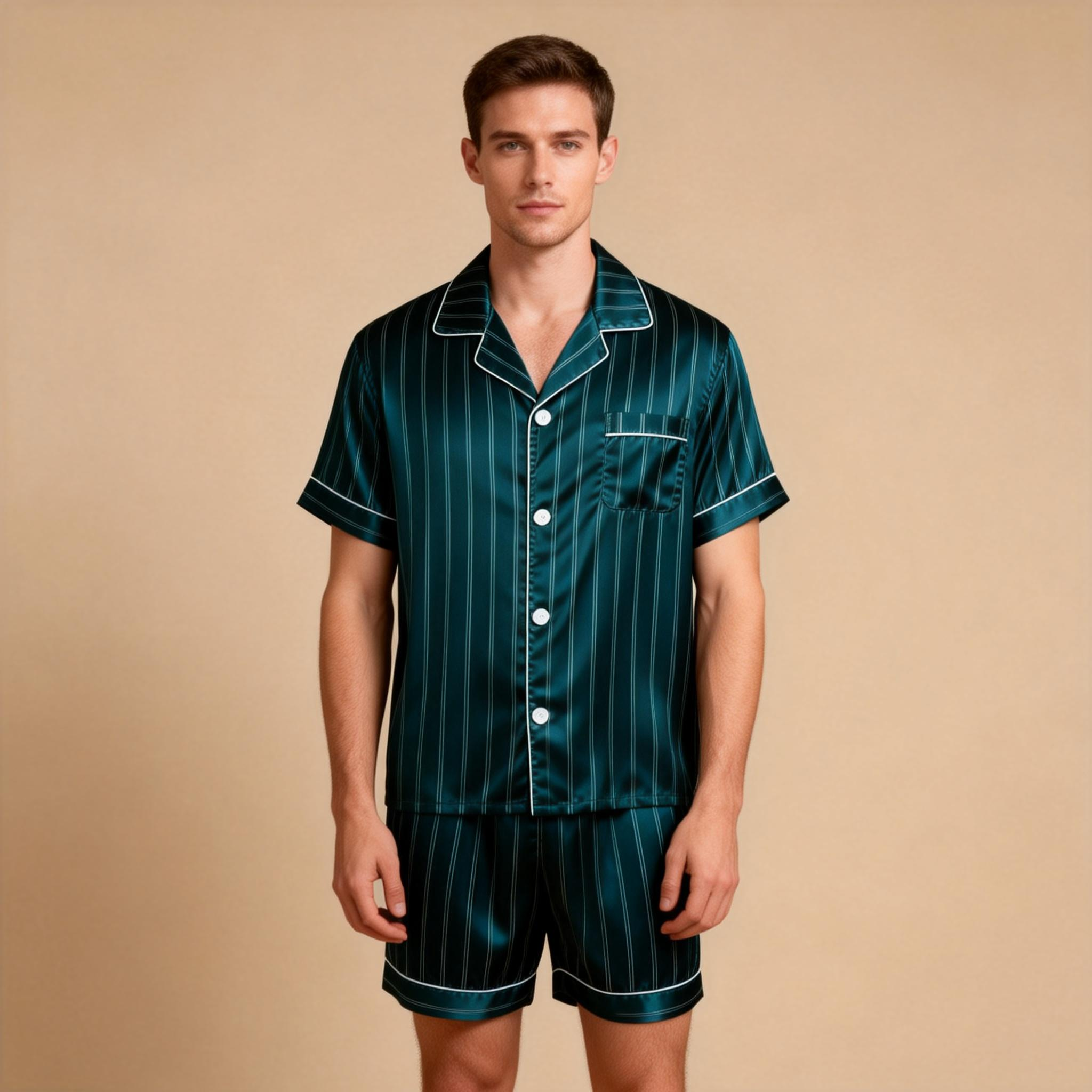 Silky Satin Striped Printed Sleep Set for Men-Royal