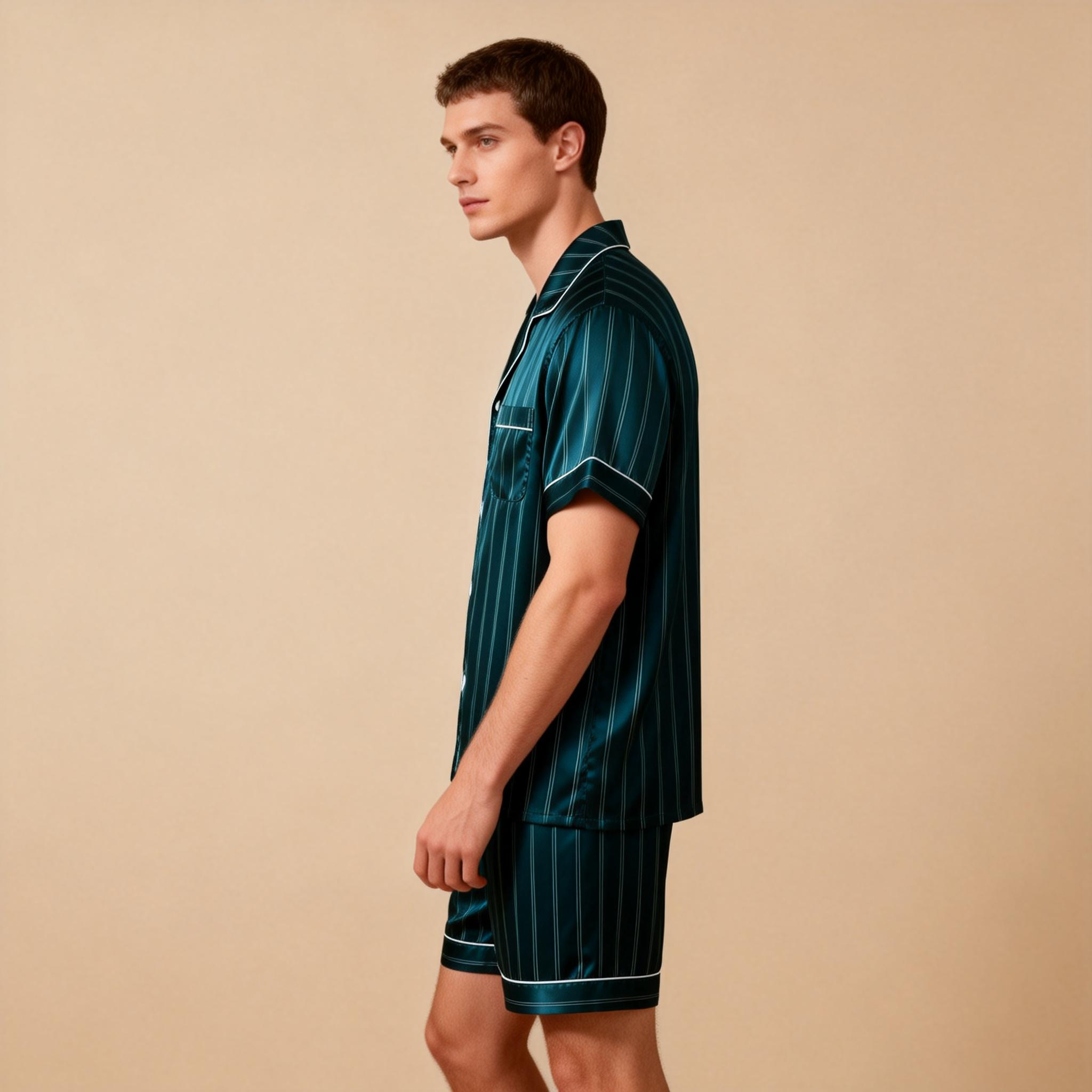 Silky Satin Striped Printed Sleep Set for Men-Purple