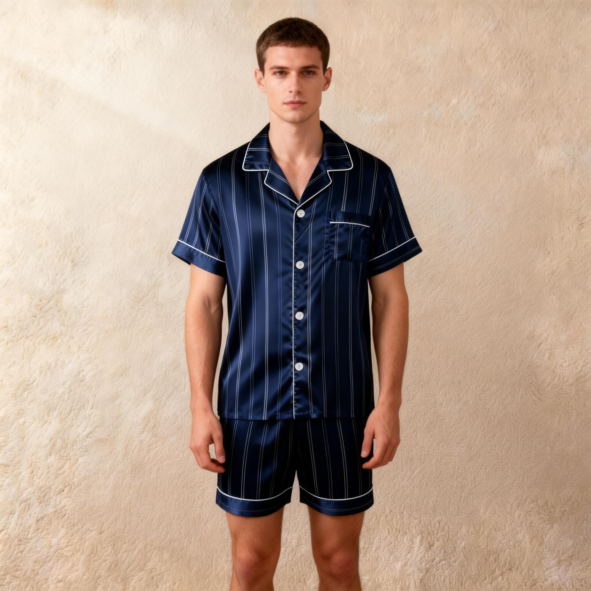Silky Satin Striped Printed Sleep Set for Men-Dark Green