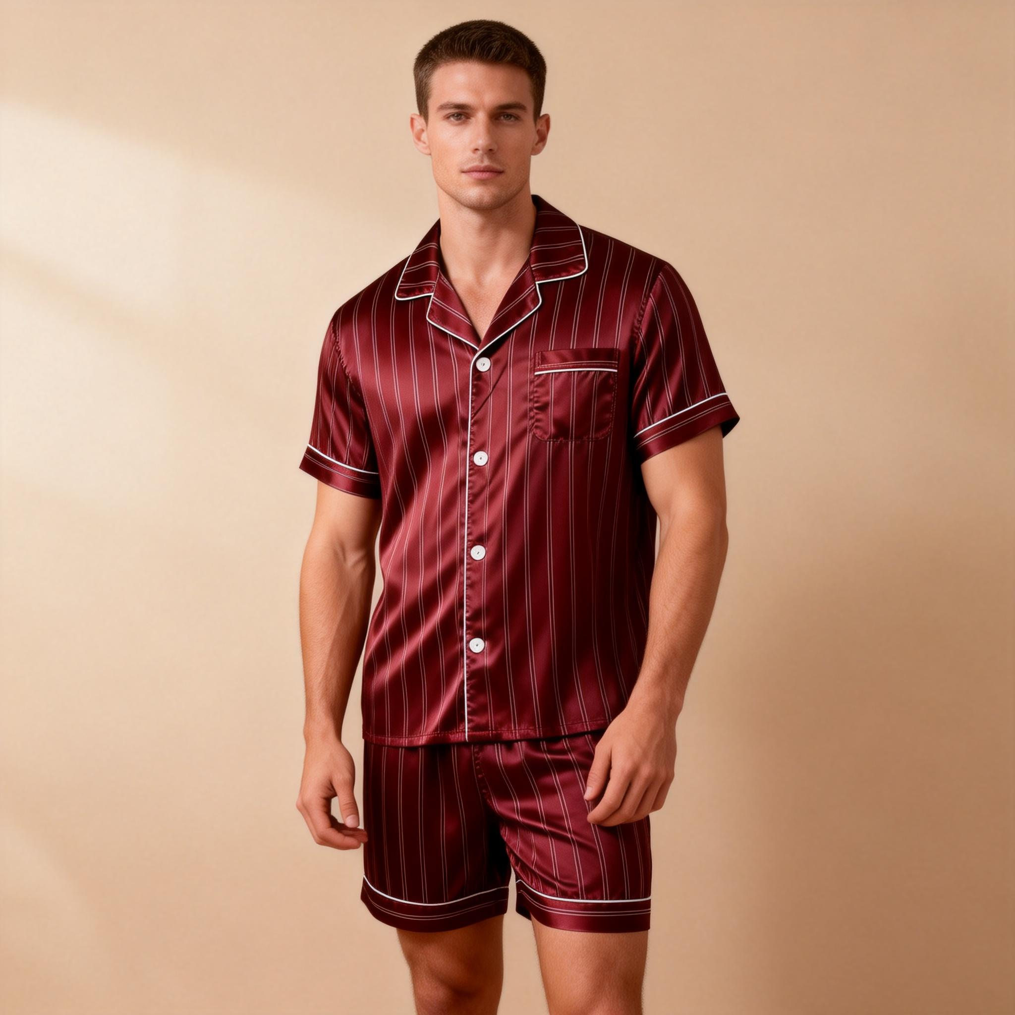 Silky Satin Striped Printed Sleep Set for Men-Purple