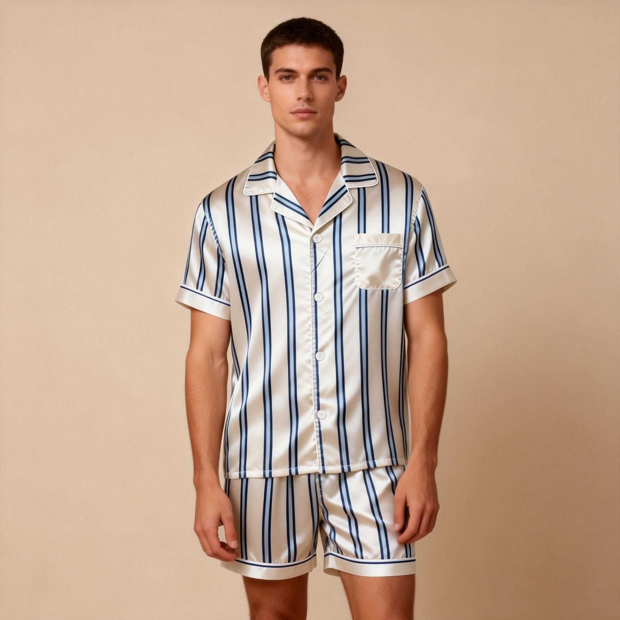Silky Classic Striped Printed Satin Short Pajama Set-Navy