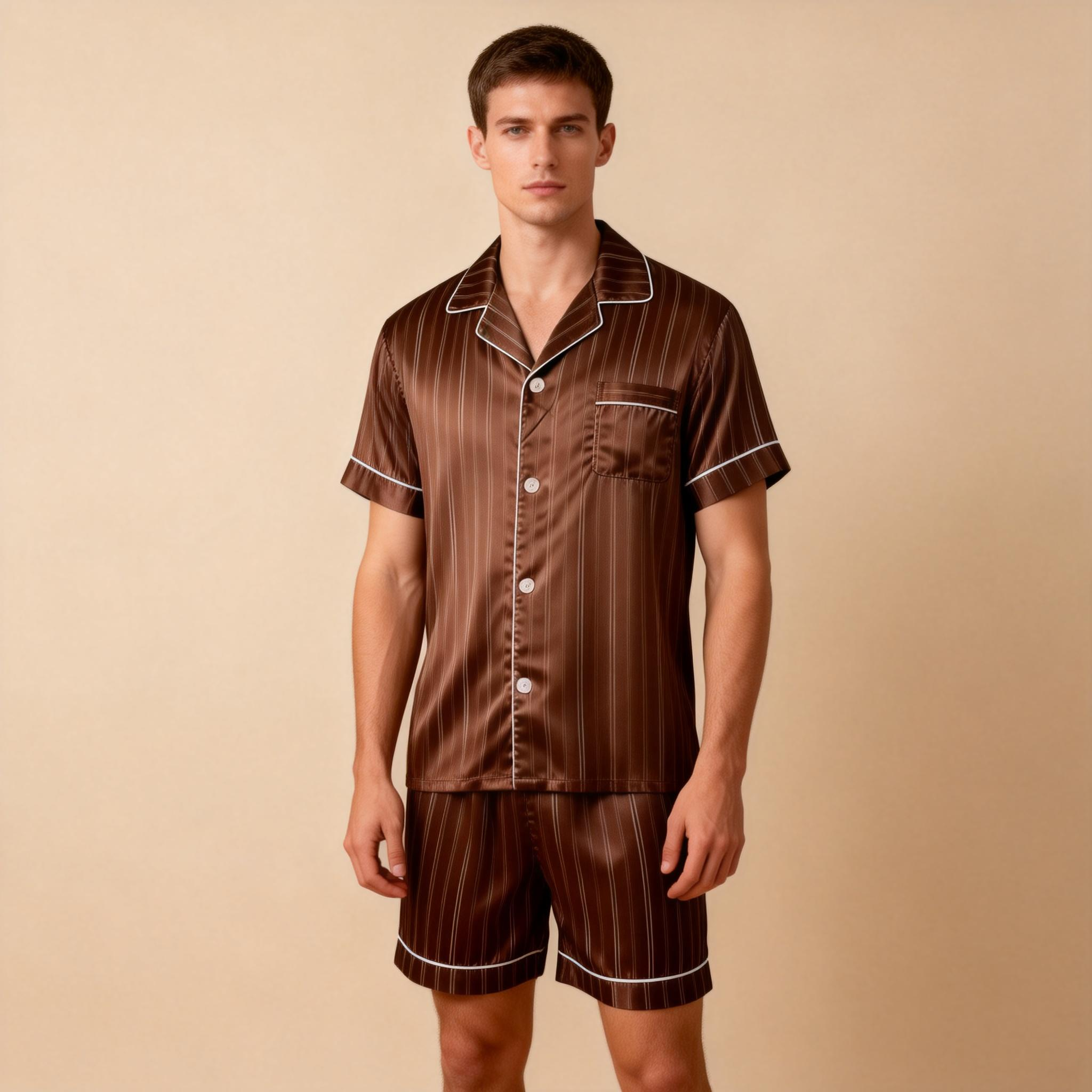 Silky Satin Striped Printed Sleep Set for Men-Purple