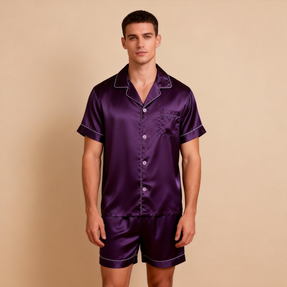 Silky Satin Solid Sleep Set for Men-Burgundy