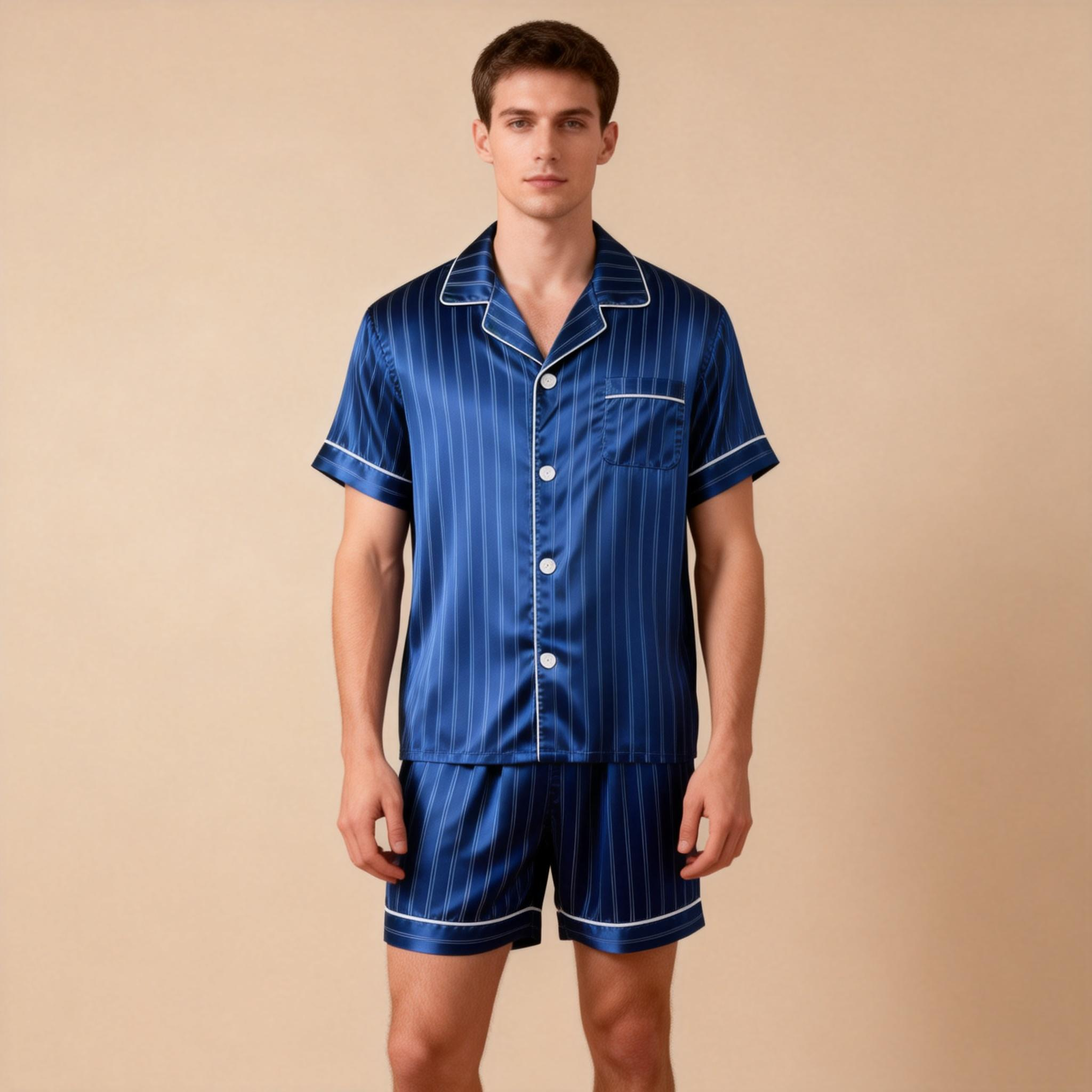 Silky Satin Striped Printed Sleep Set for Men-Dark Green