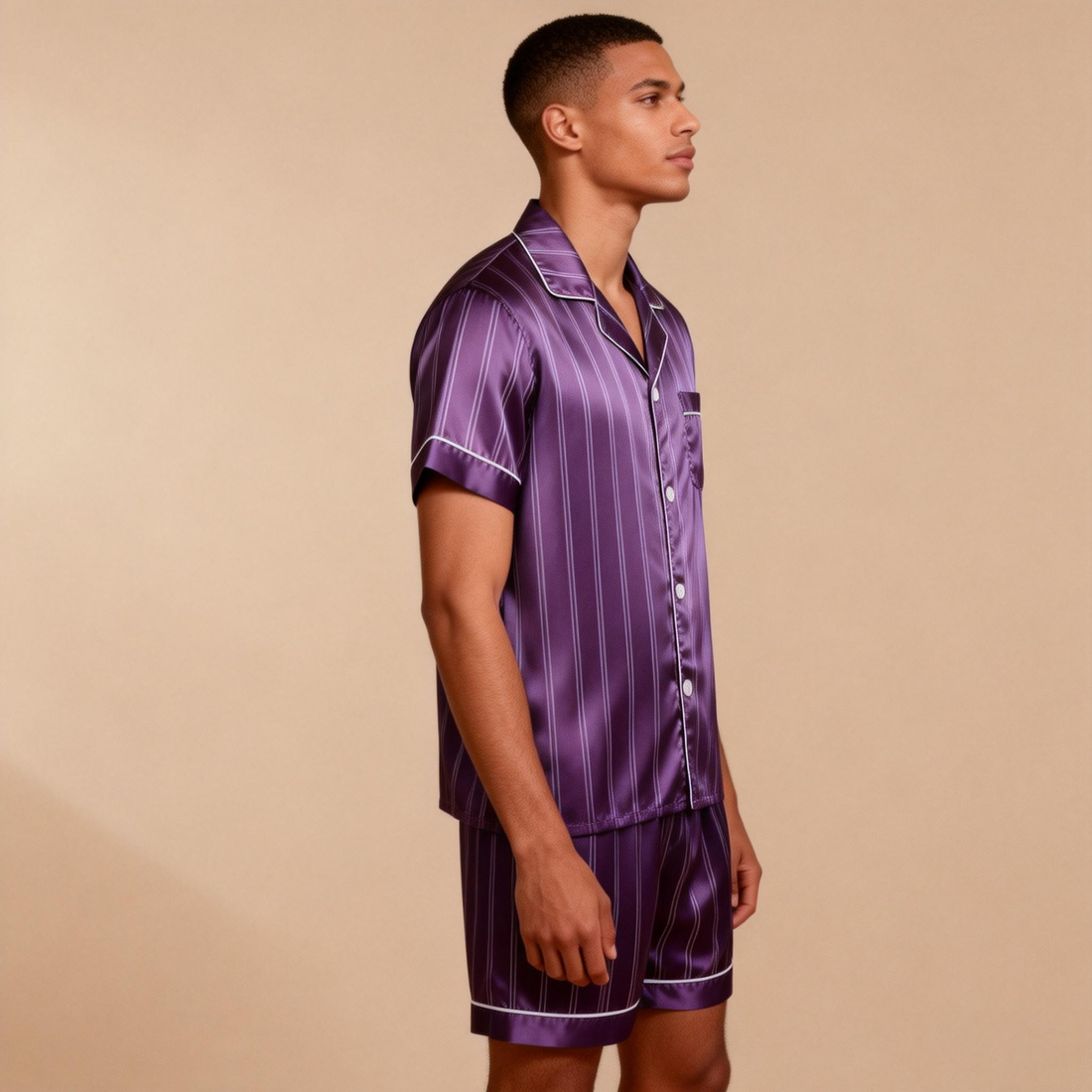 Silky Satin Striped Printed Sleep Set for Men-Purple