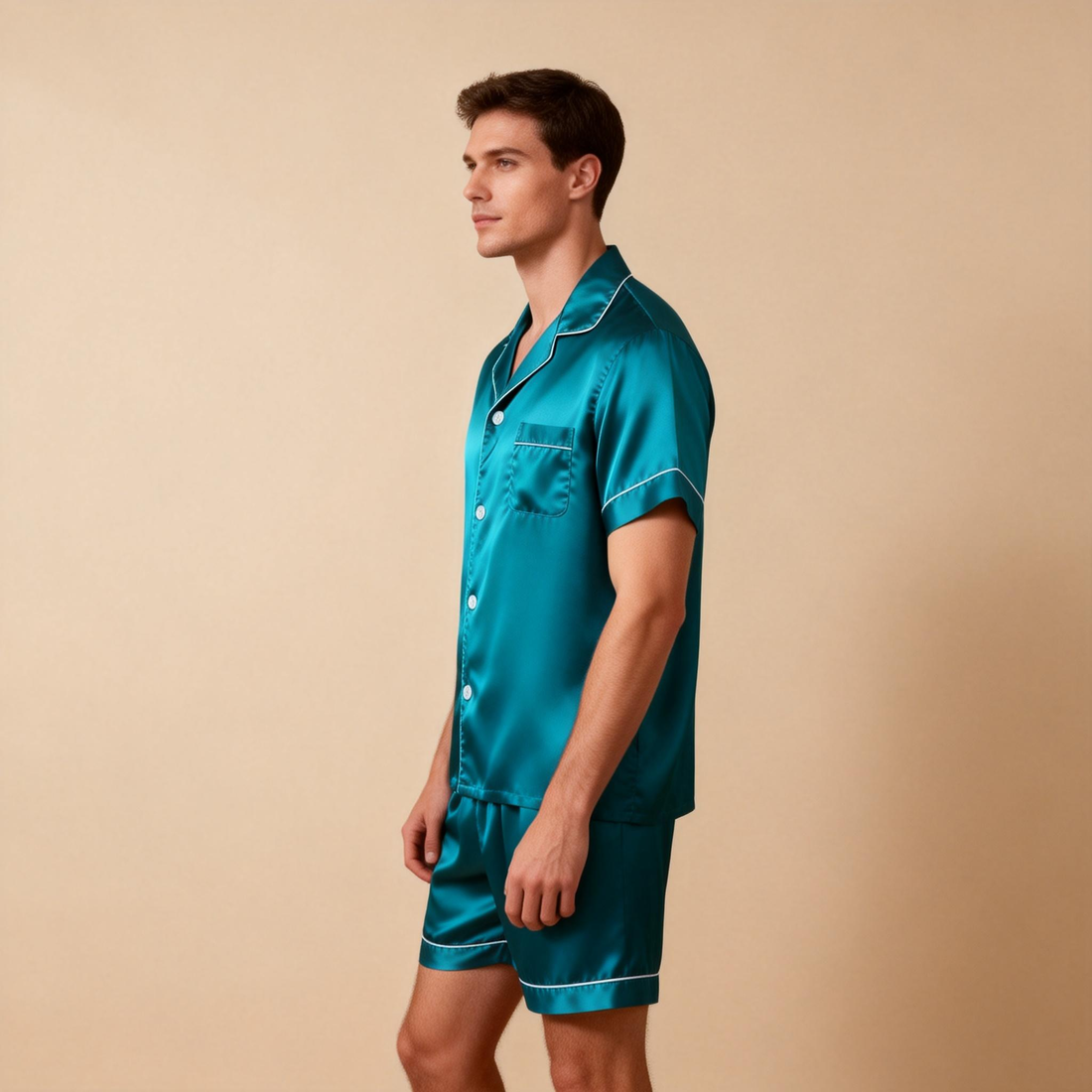 Silky Satin Solid Sleep Set for Men-Teal