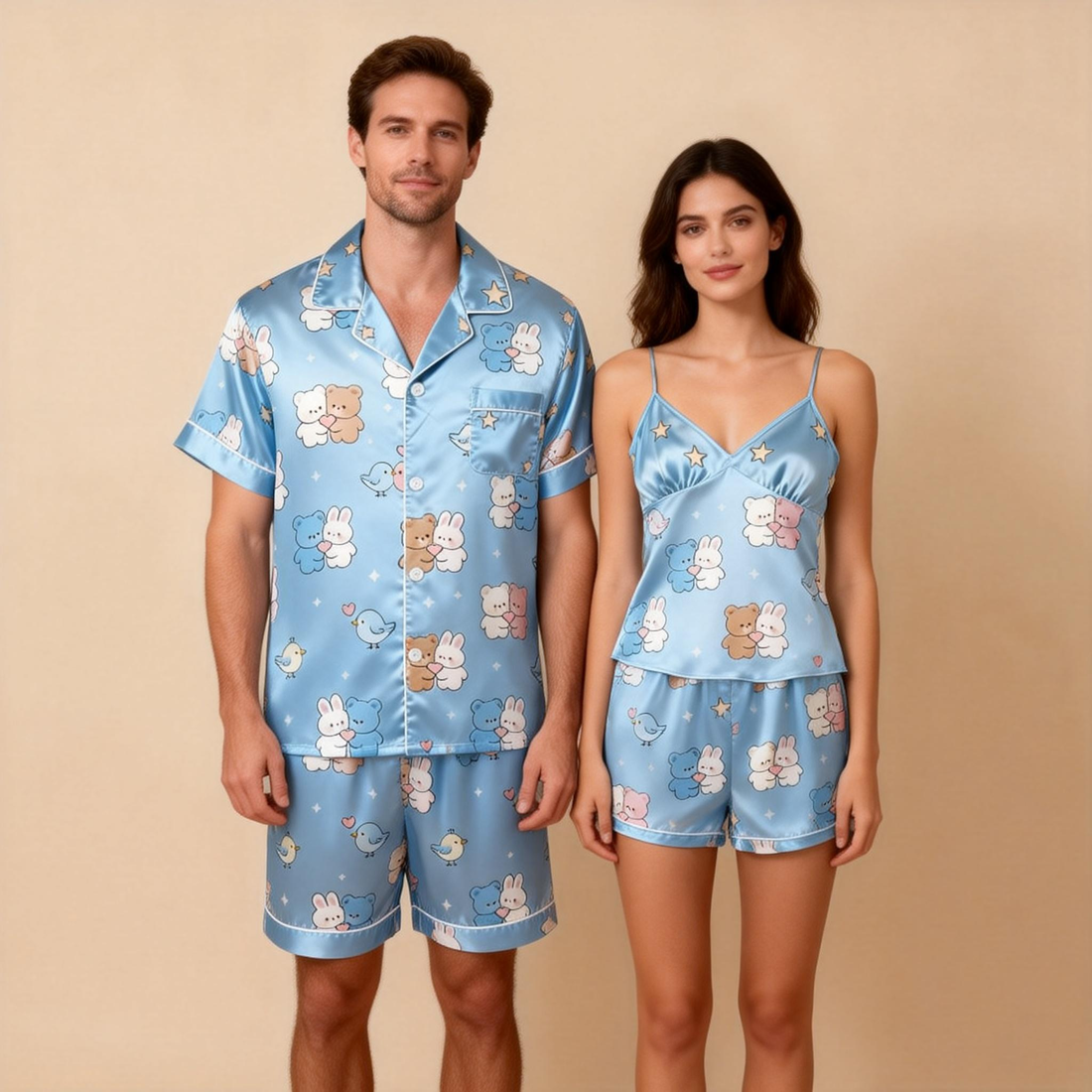 Classic Design Couple Pajamas in Satin Material