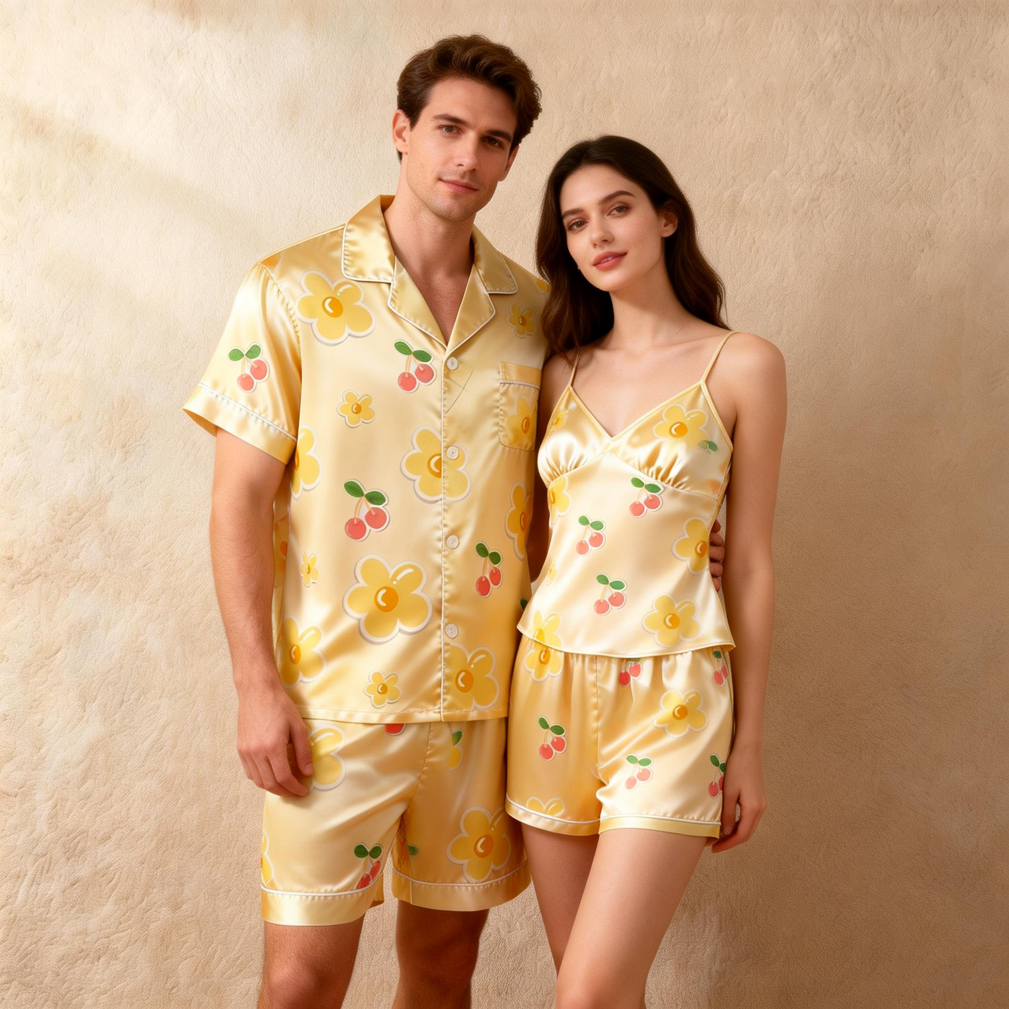 Romantic Satin Pajamas Set for Couples – Short Style