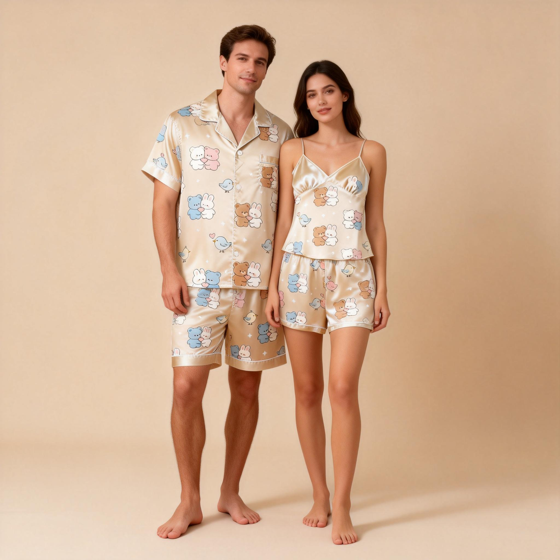 Premium Satin Fabric Couple Pajamas Short Set