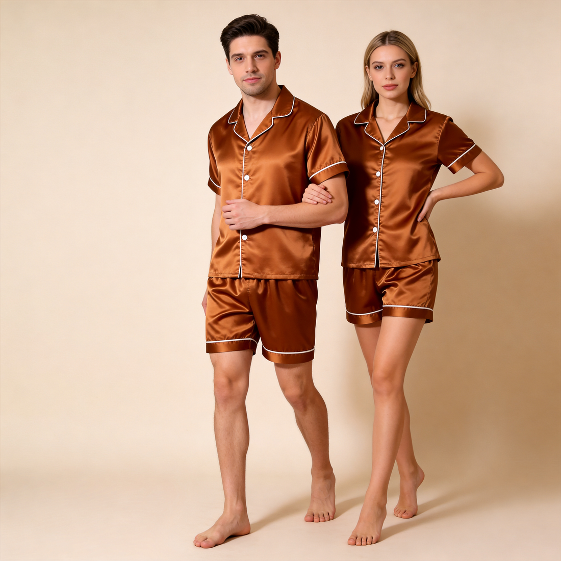 Silky Classic Solid Couple Sleepwear – Satin Short Sleeve Pajama Set