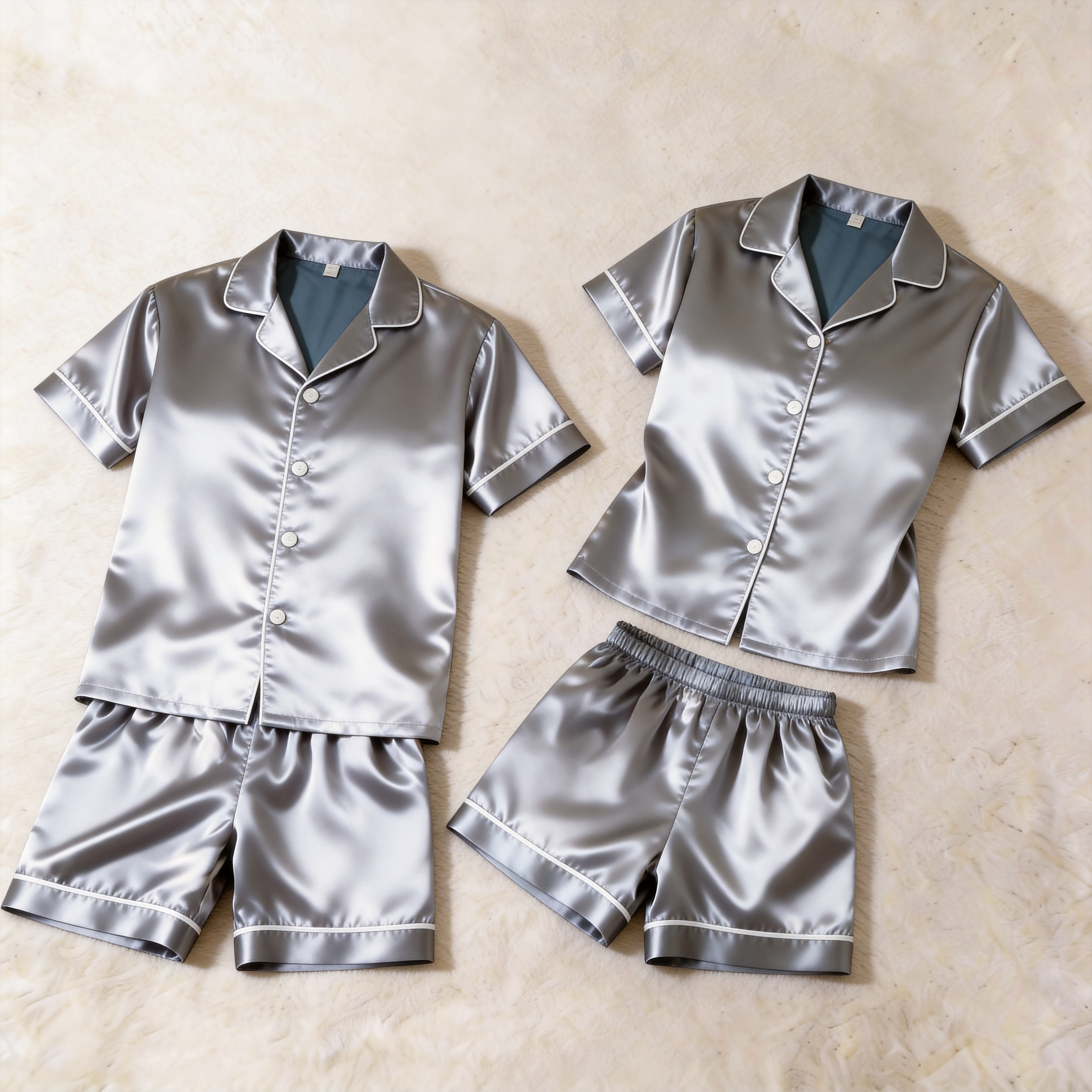 Silky Classic Solid Couple Sleepwear – Satin Short Sleeve Pajama Set