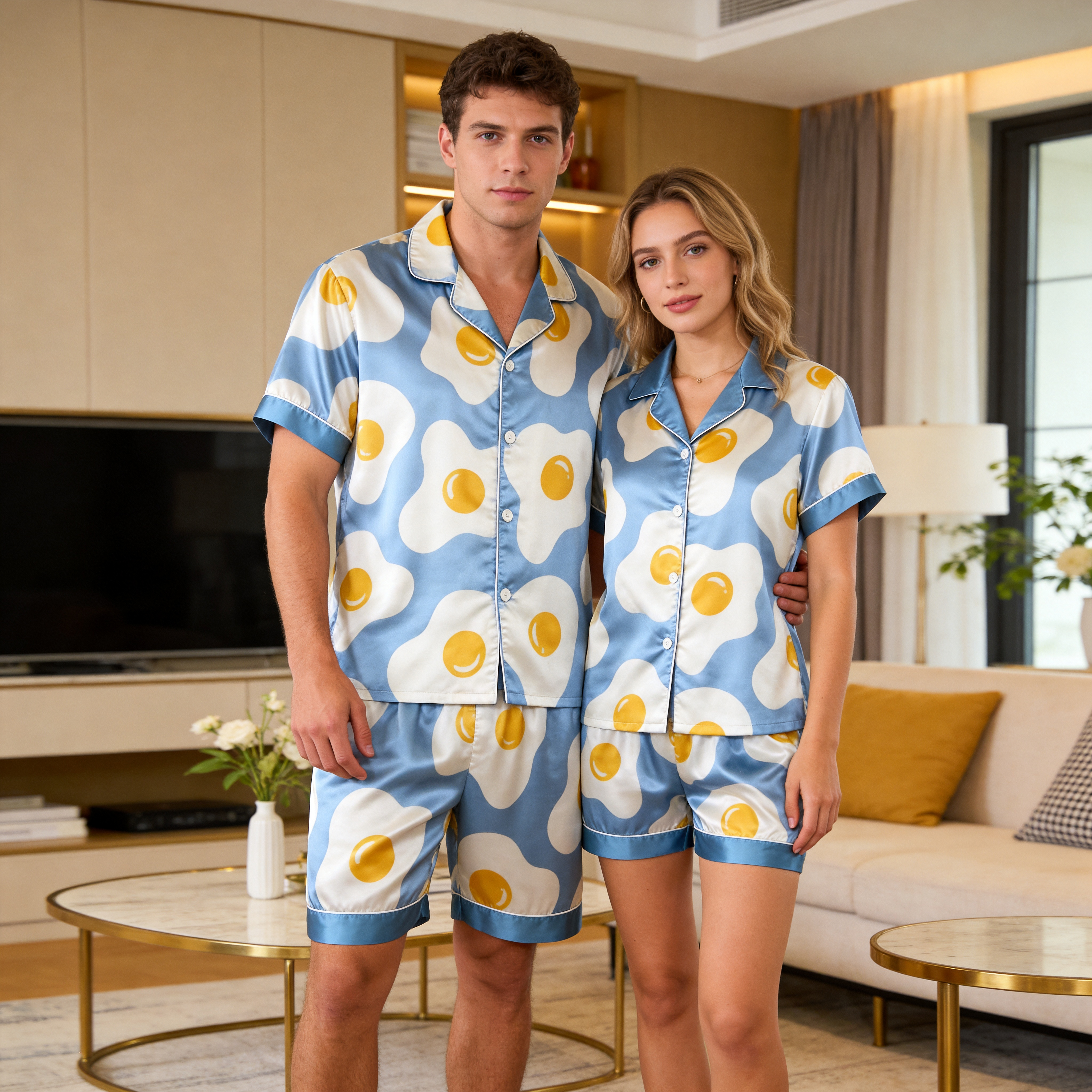 Satin Print Pajama Set – Unique Couple Sleepwear