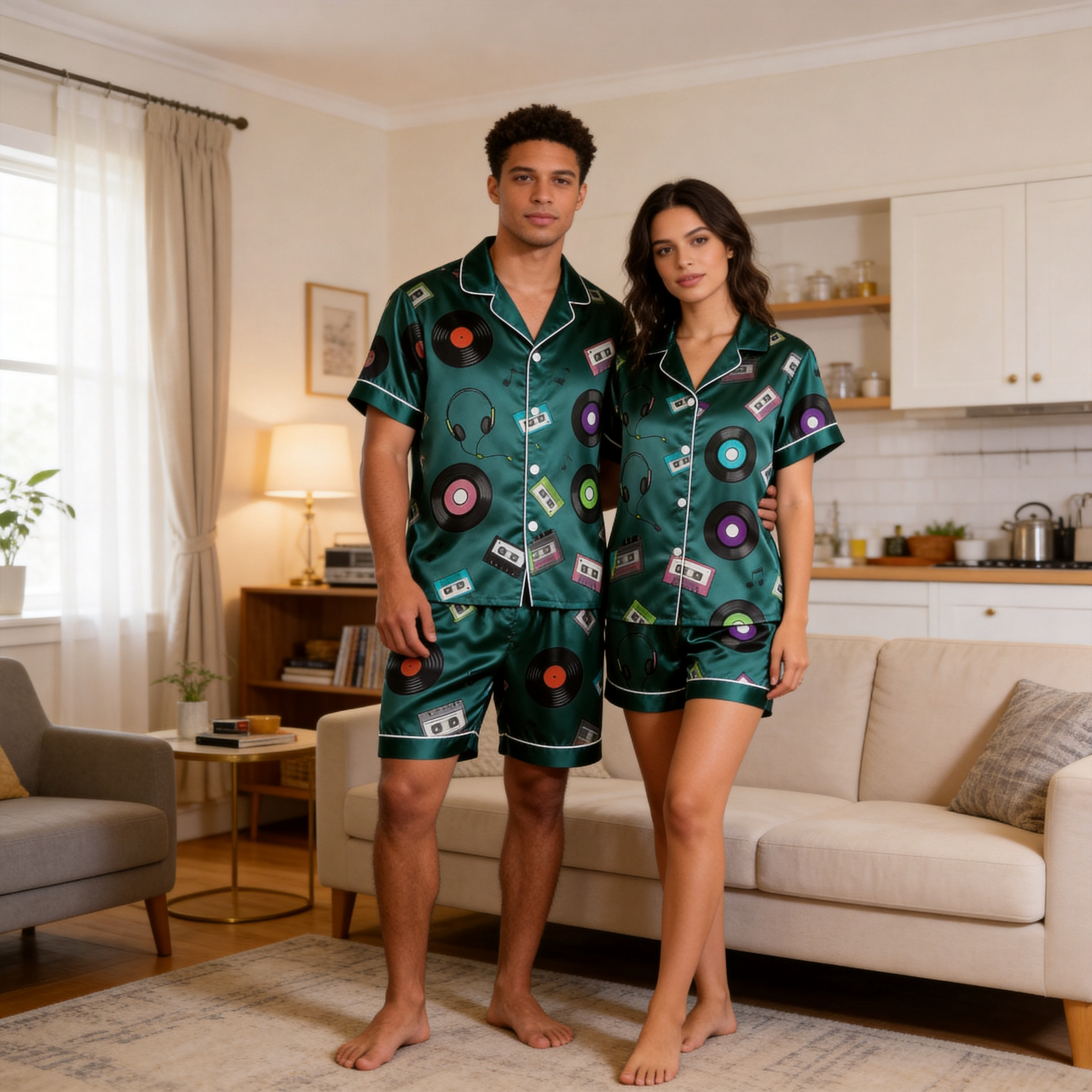 Smooth Satin Fun Design Sleepwear – Casual Summer Couple Pajamas