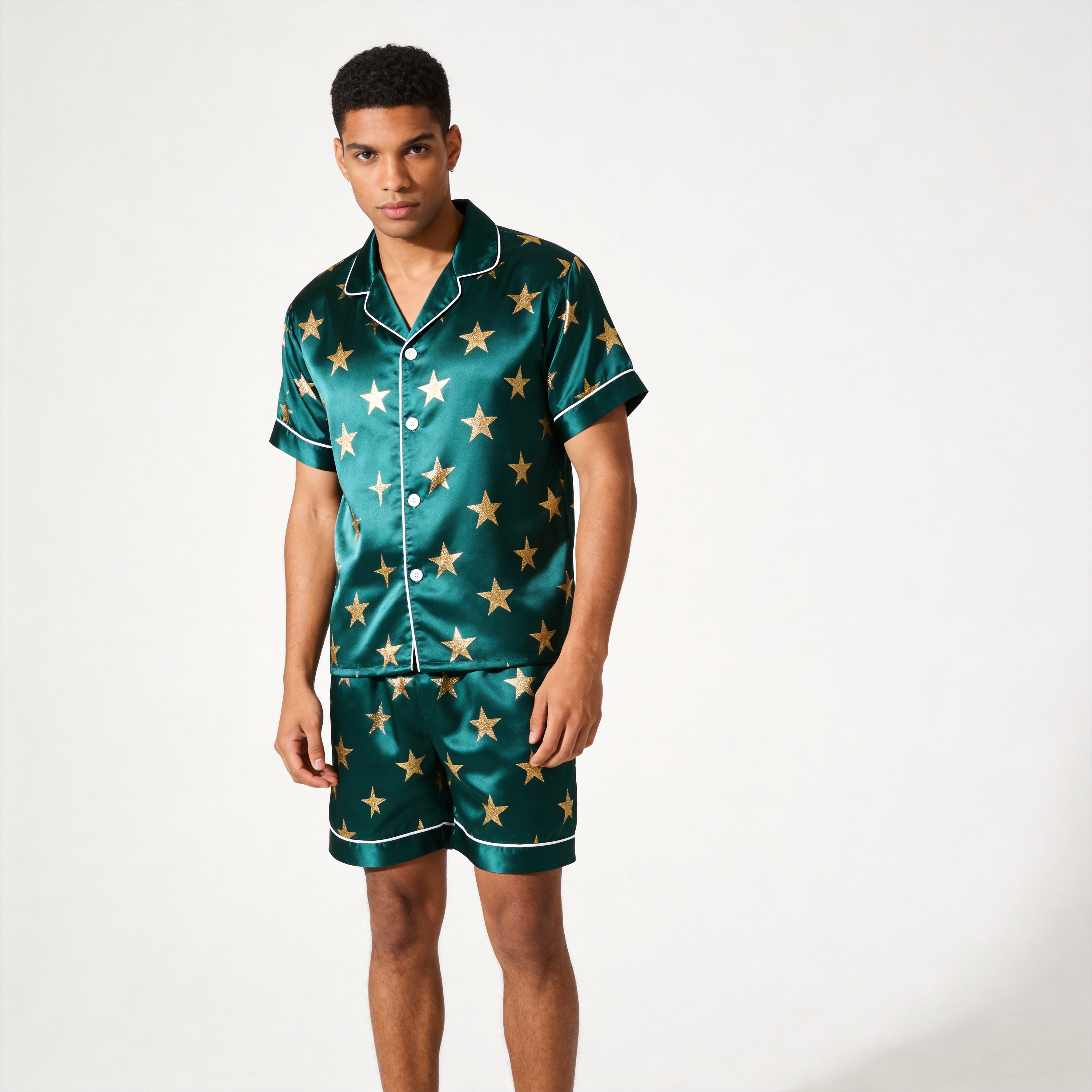 Elegant Stars Print Satin Sleepwear – Understated Luxury Couple Set