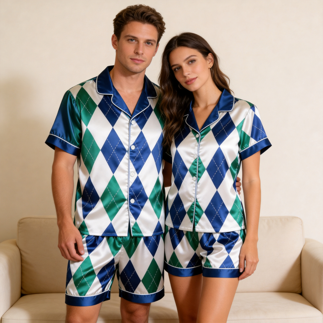 Green & Blue Plaid Design Satin Solid Sleepwear – Understated Luxury Couple Set
