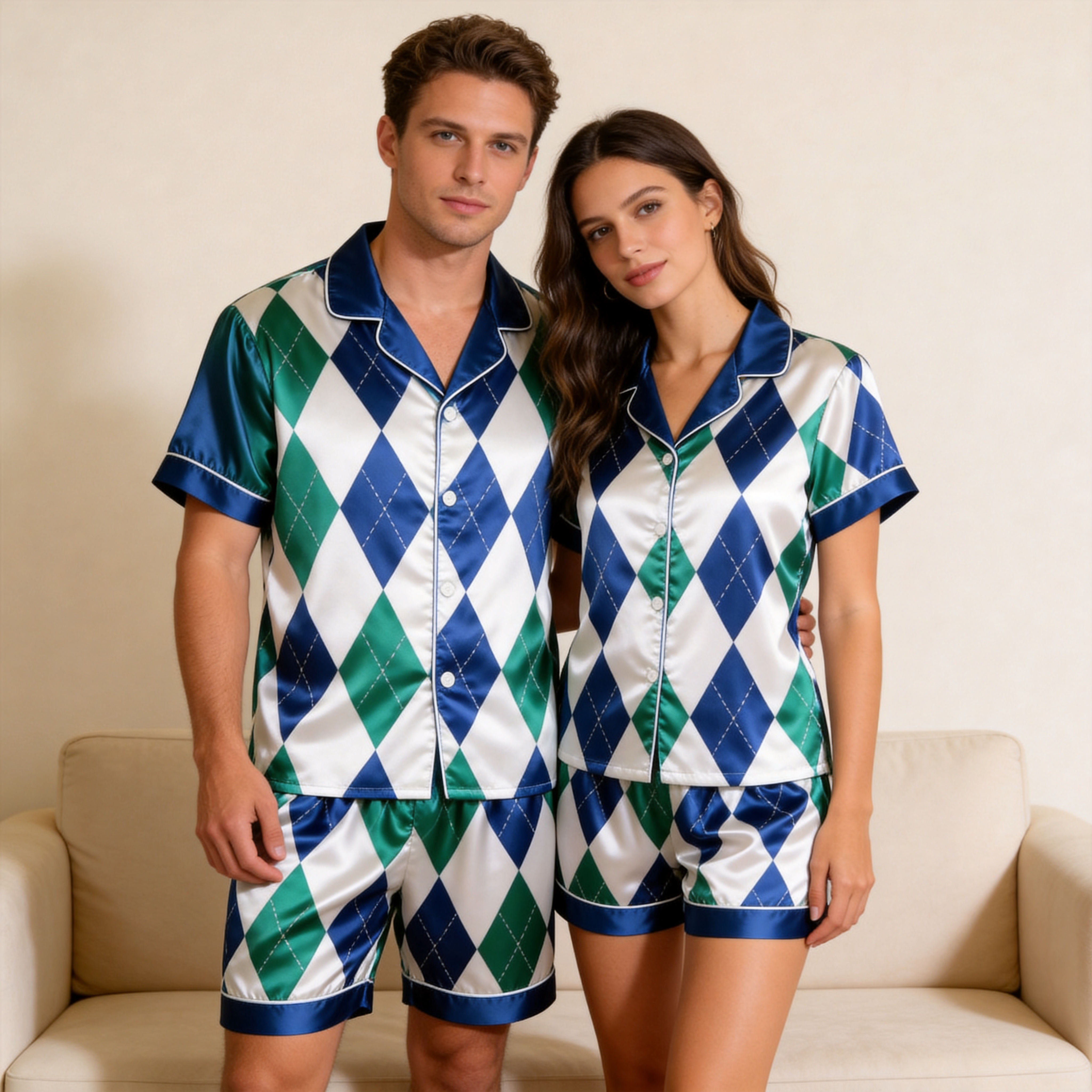 Green & Blue Plaid Design Satin Solid Sleepwear – Understated Luxury Couple Set