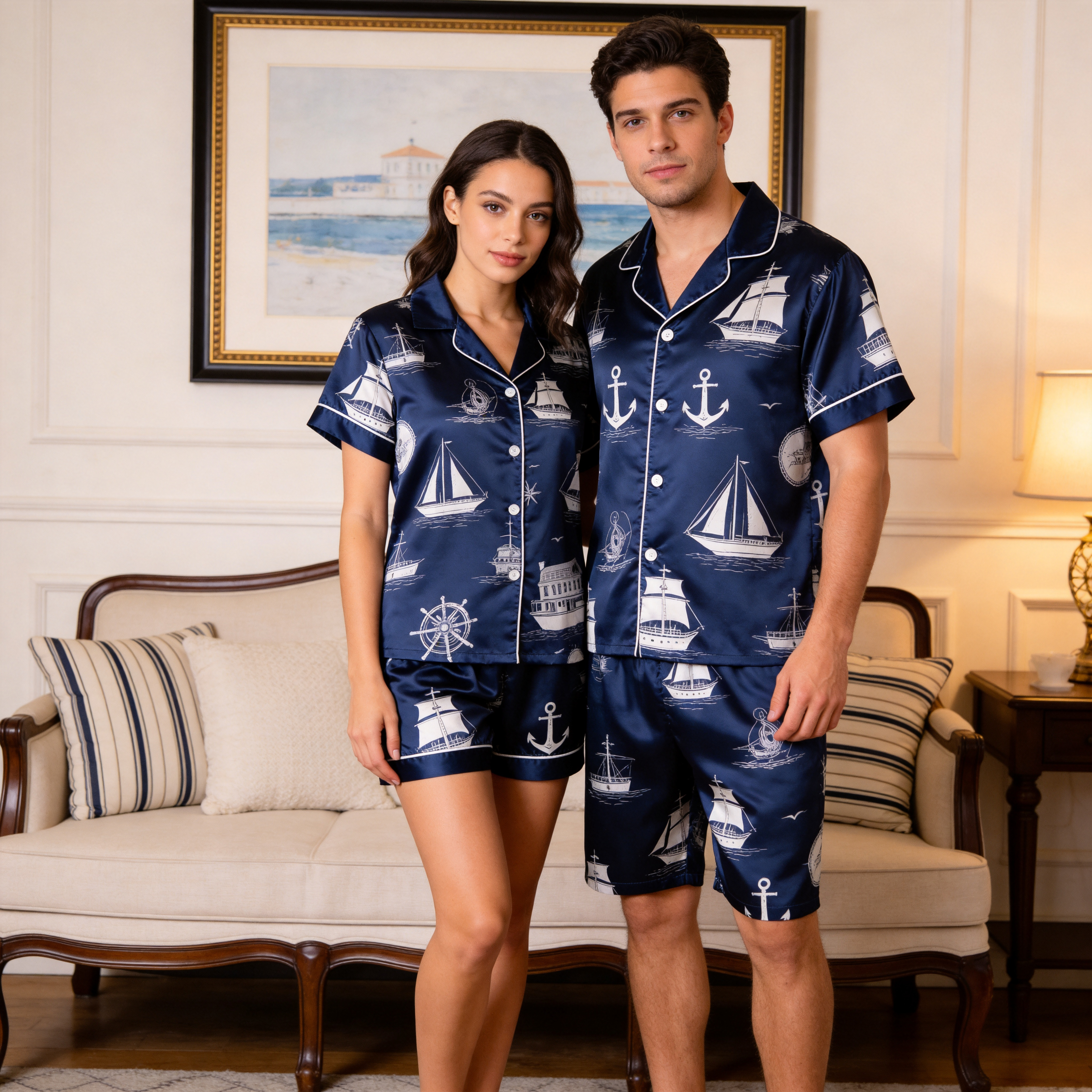 Smooth Satin Vintage Design Sleepwear – Casual Couple Pajamas