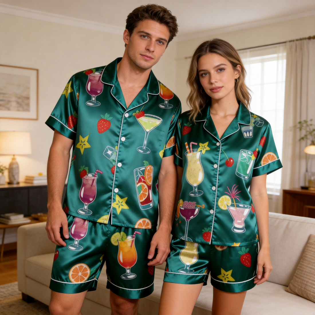 Silky Satin Juice Print Pajama Set – Playful Couple Sleepwear