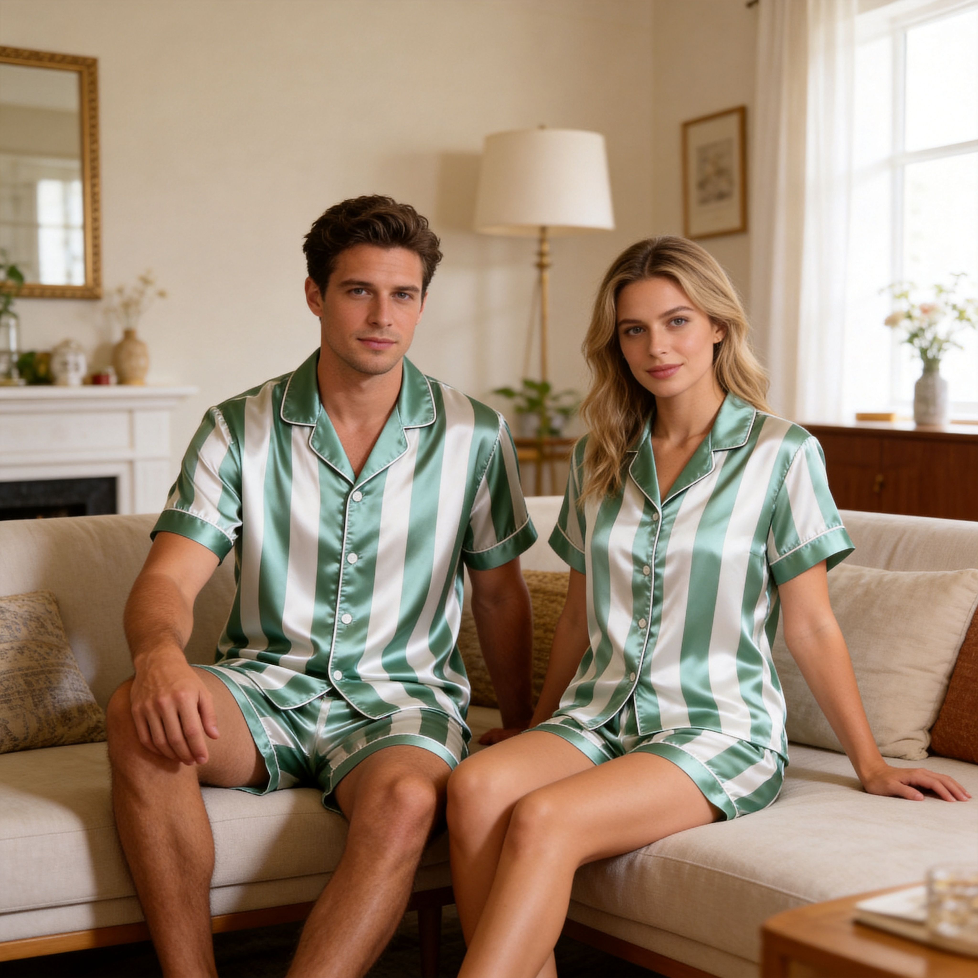 Light Green Striped Design Satin Solid Sleepwear – Understated Luxury Couple Set