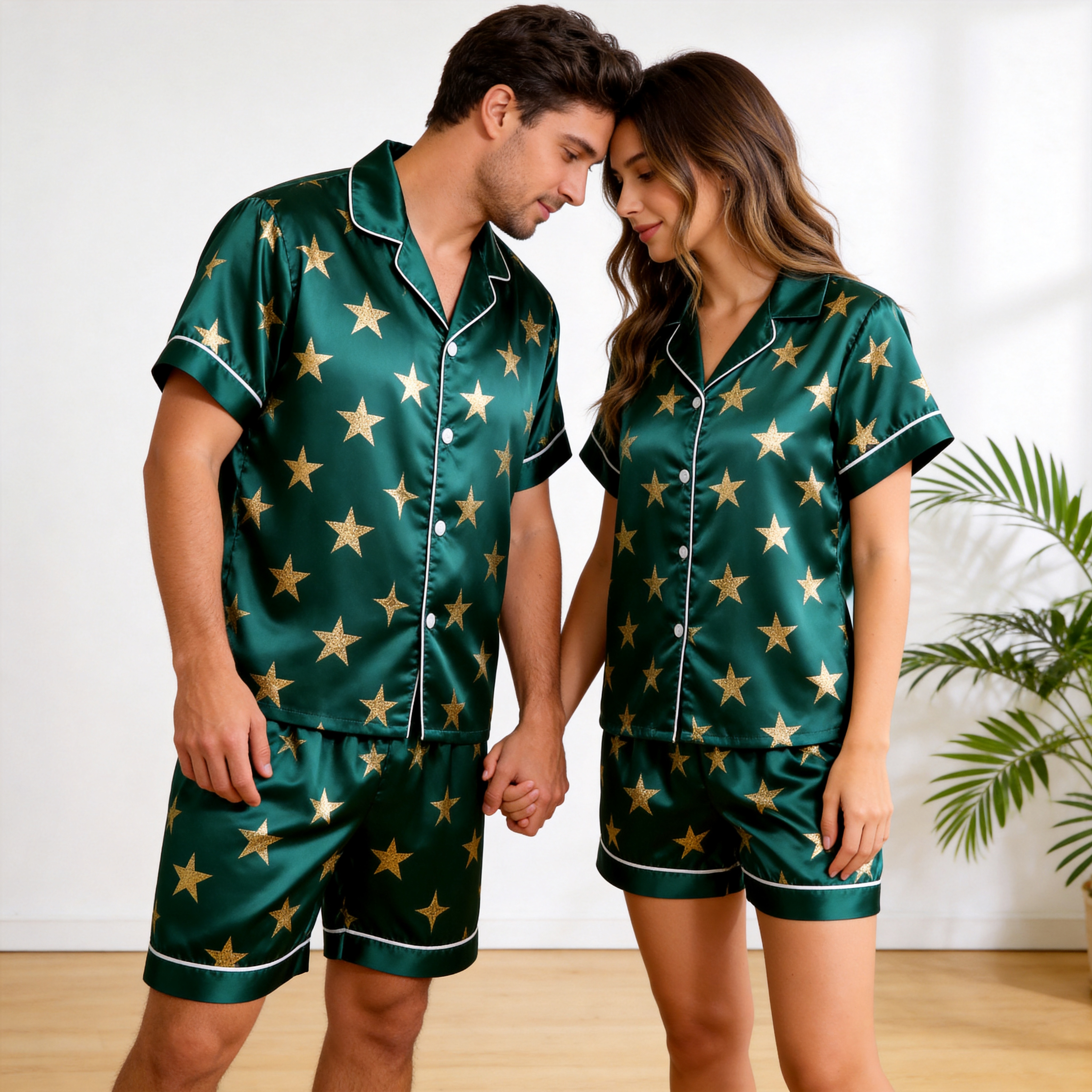 Elegant Stars Print Satin Sleepwear – Understated Luxury Couple Set