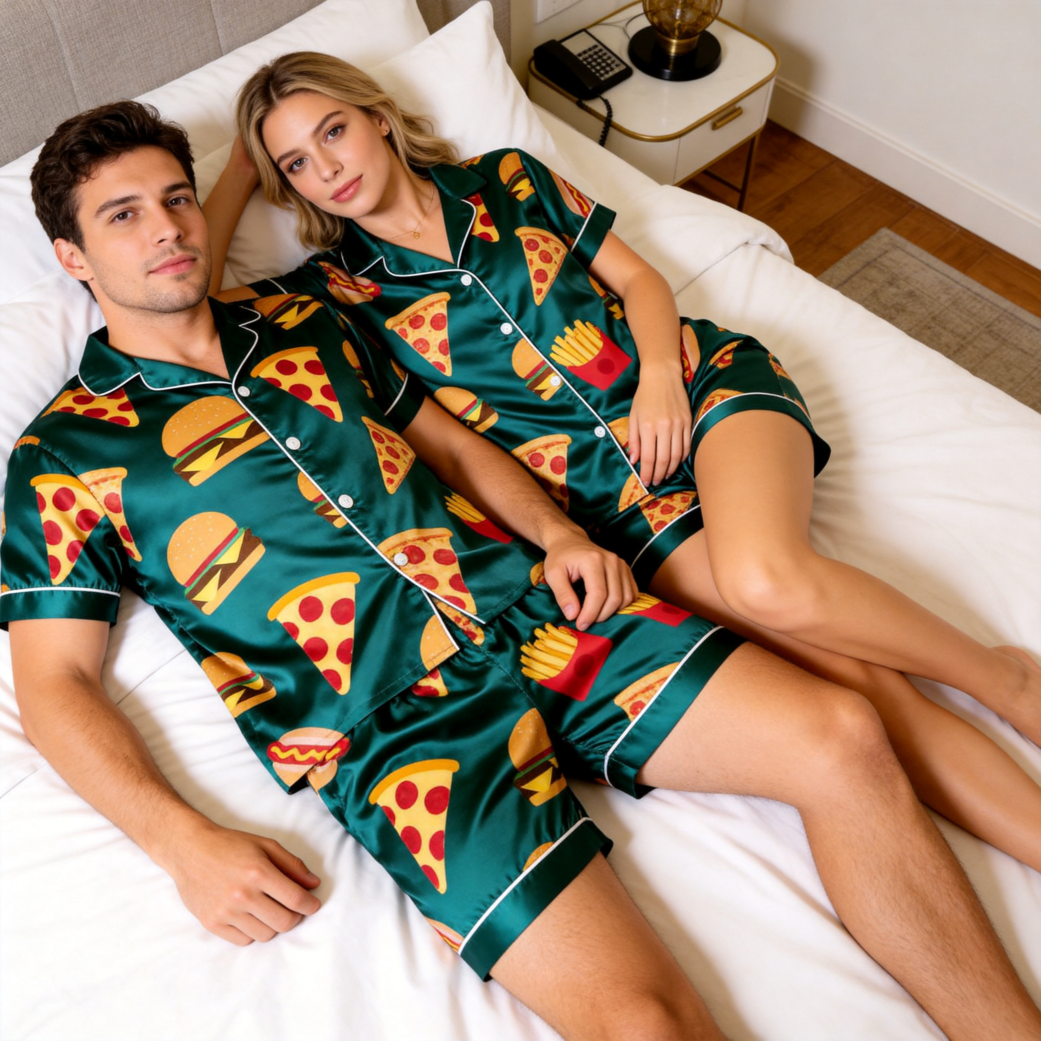 Silky Satin Fun Print Pajama Set – Classic Couple Sleepwear