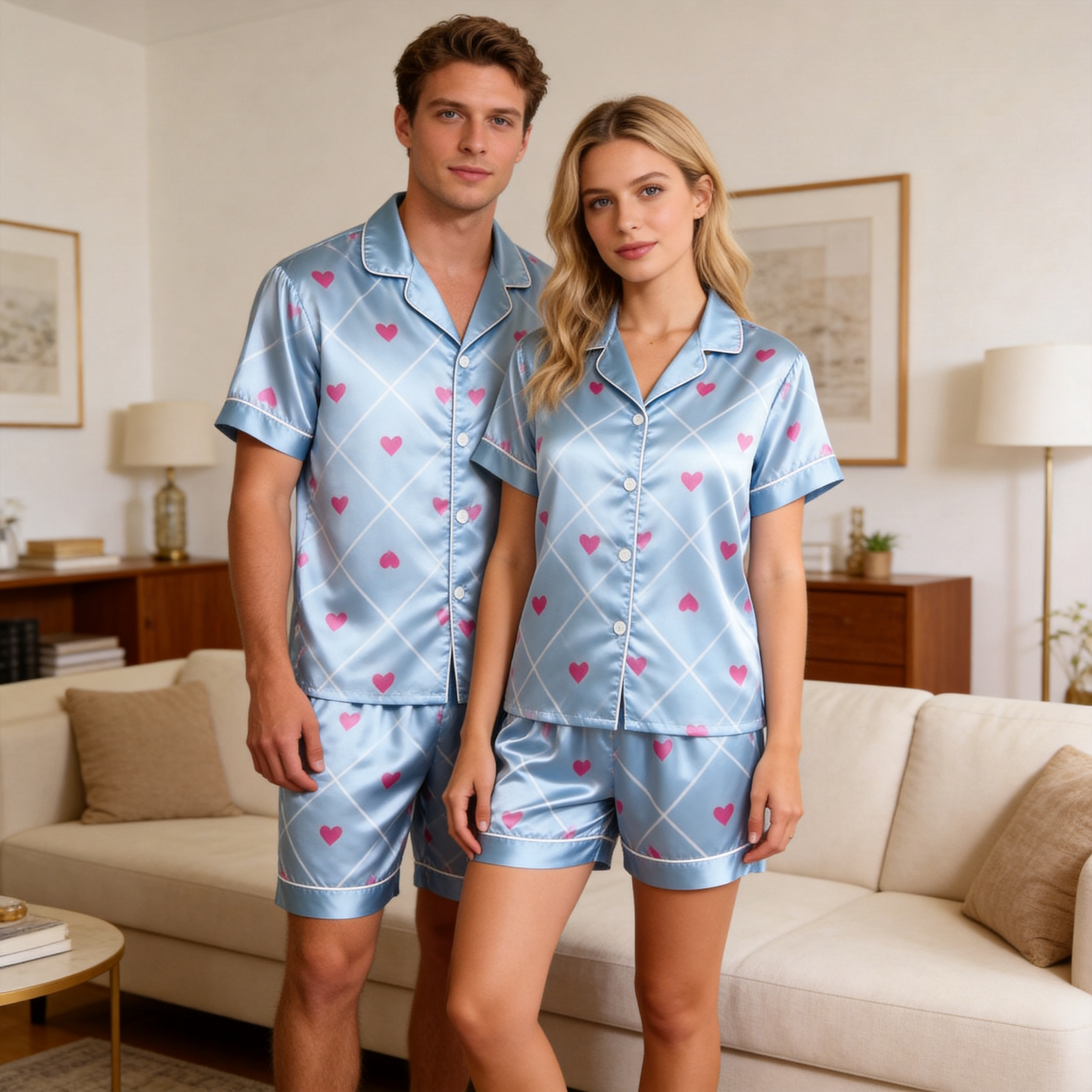 Satin Print Light Blue Pajama Set – Unique Couple Sleepwear