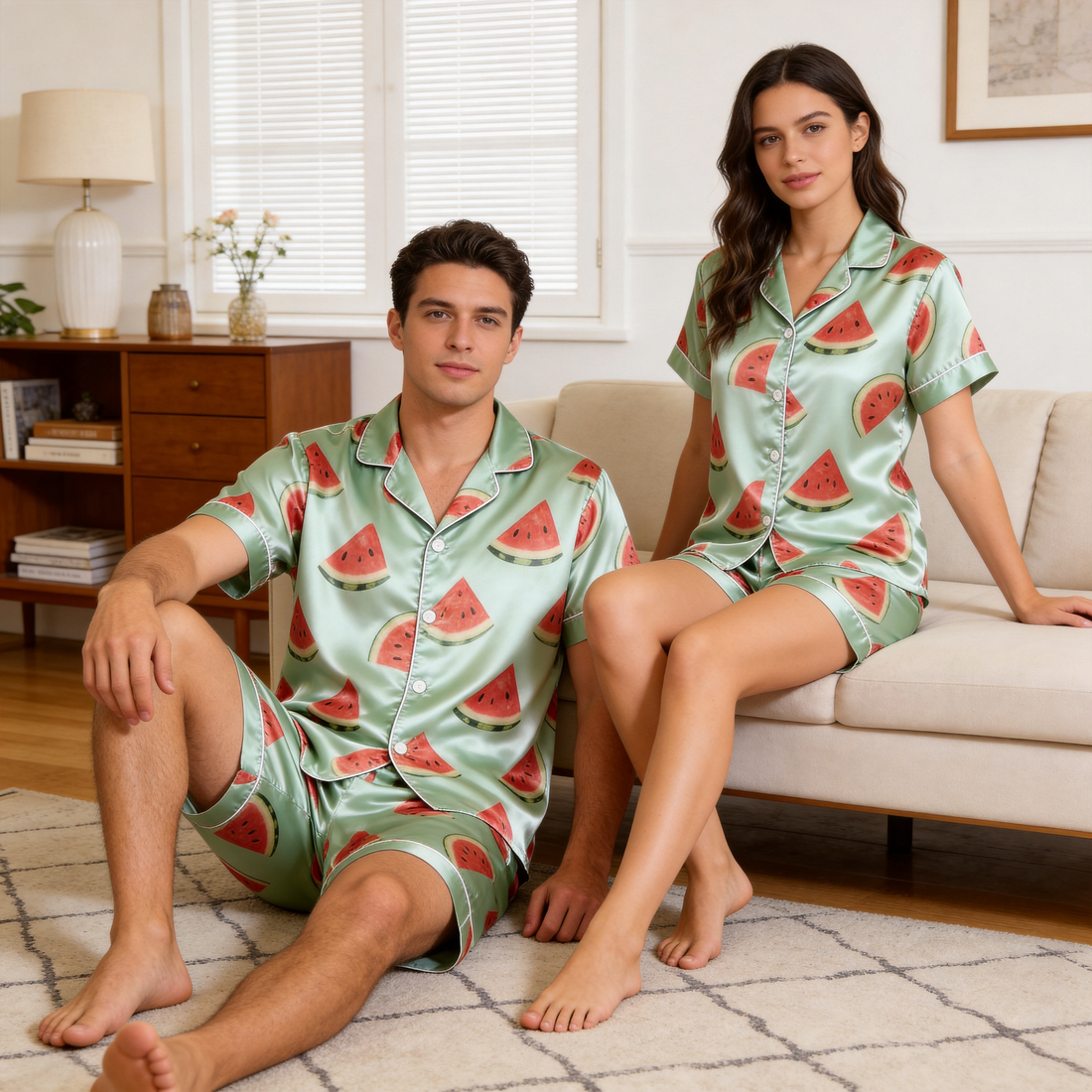 Smooth Satin Fruits Design Sleepwear – Casual Couple Pajamas