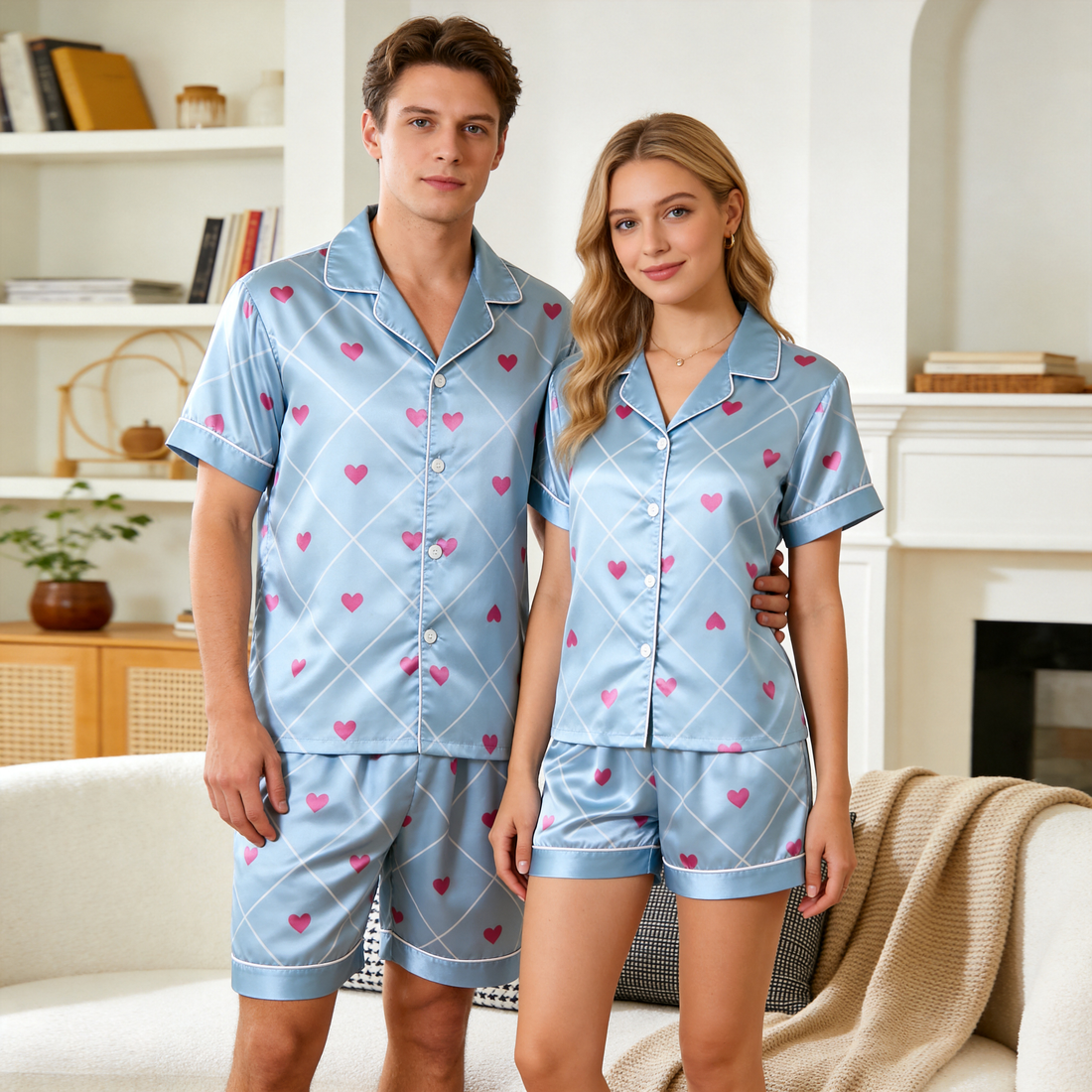 Satin Print Light Blue Pajama Set – Unique Couple Sleepwear