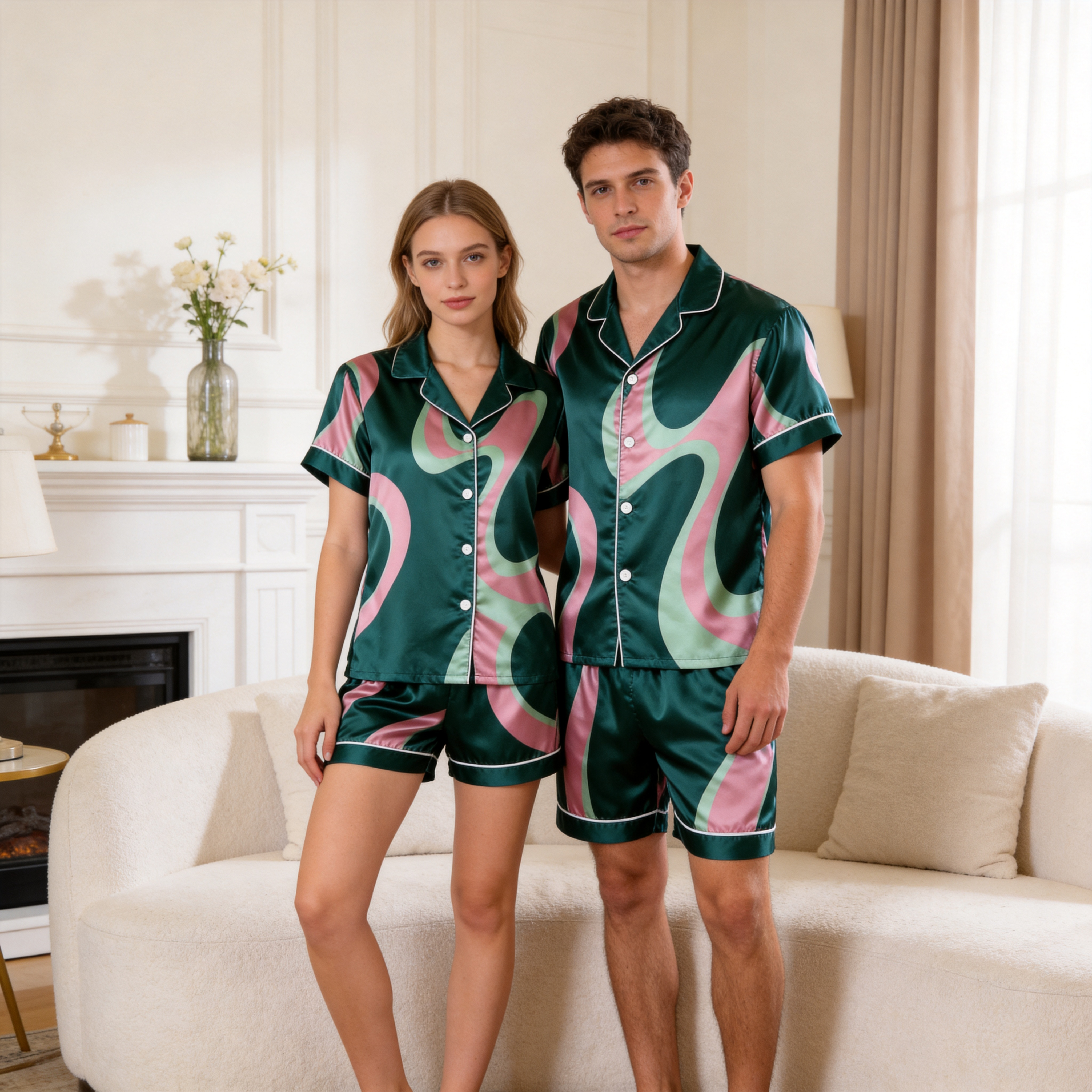 Satin Artistic Print Vintage Green Pajama Set – Unique Couple Sleepwear