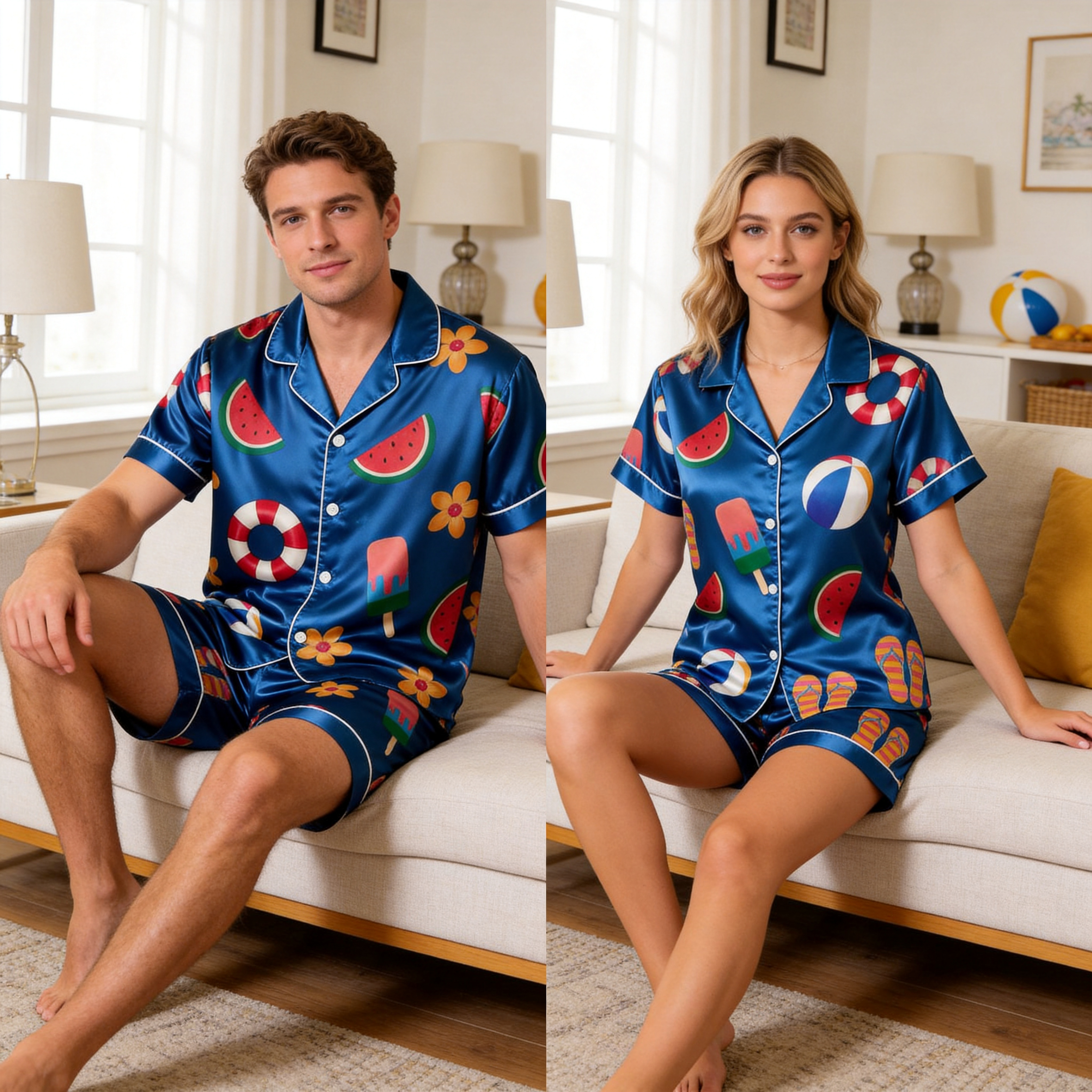 Fun Print Satin Blue Solid Sleepwear – Understated Luxury Couple Set