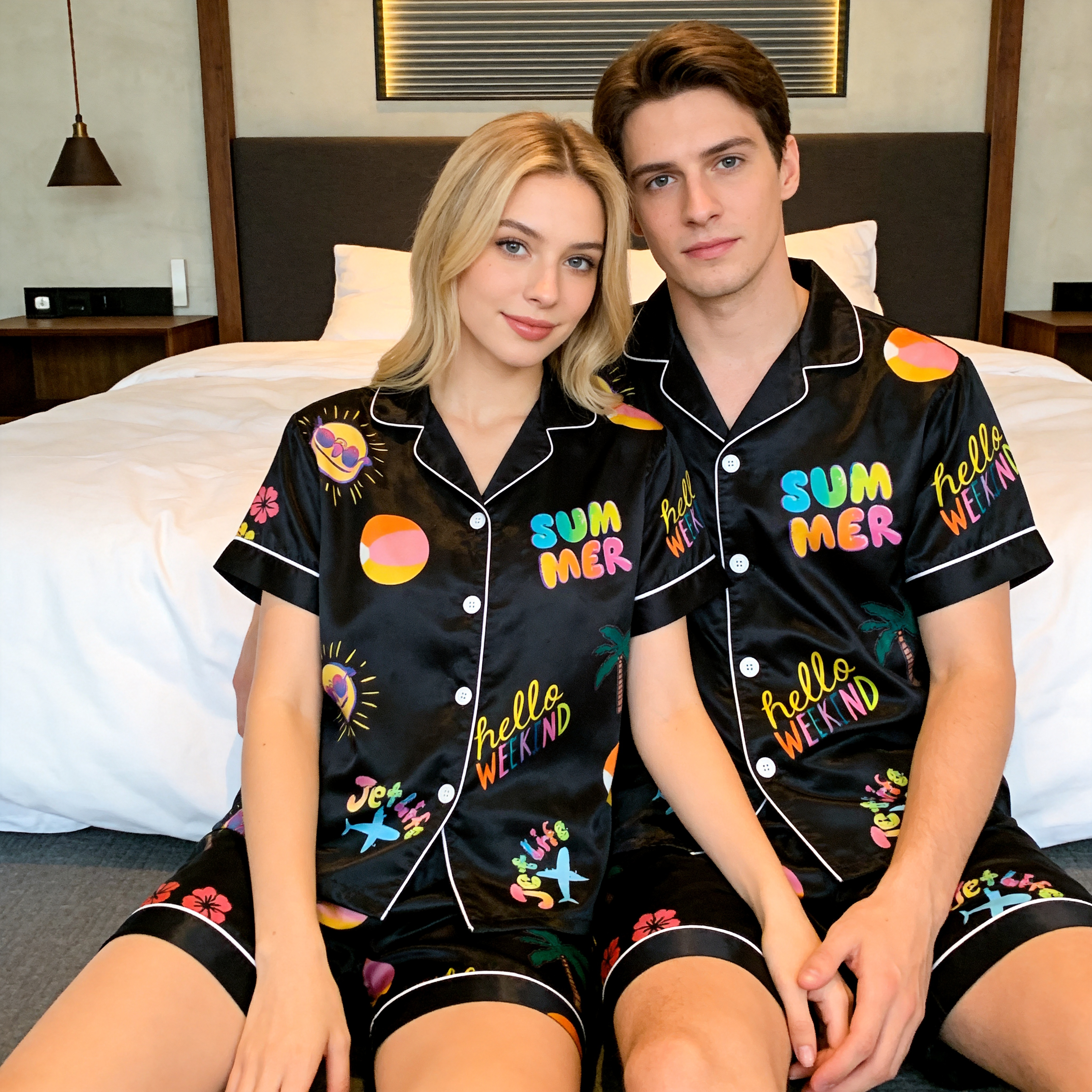 Silky Satin Summer Print Pajama Set – Classic Couple Sleepwear