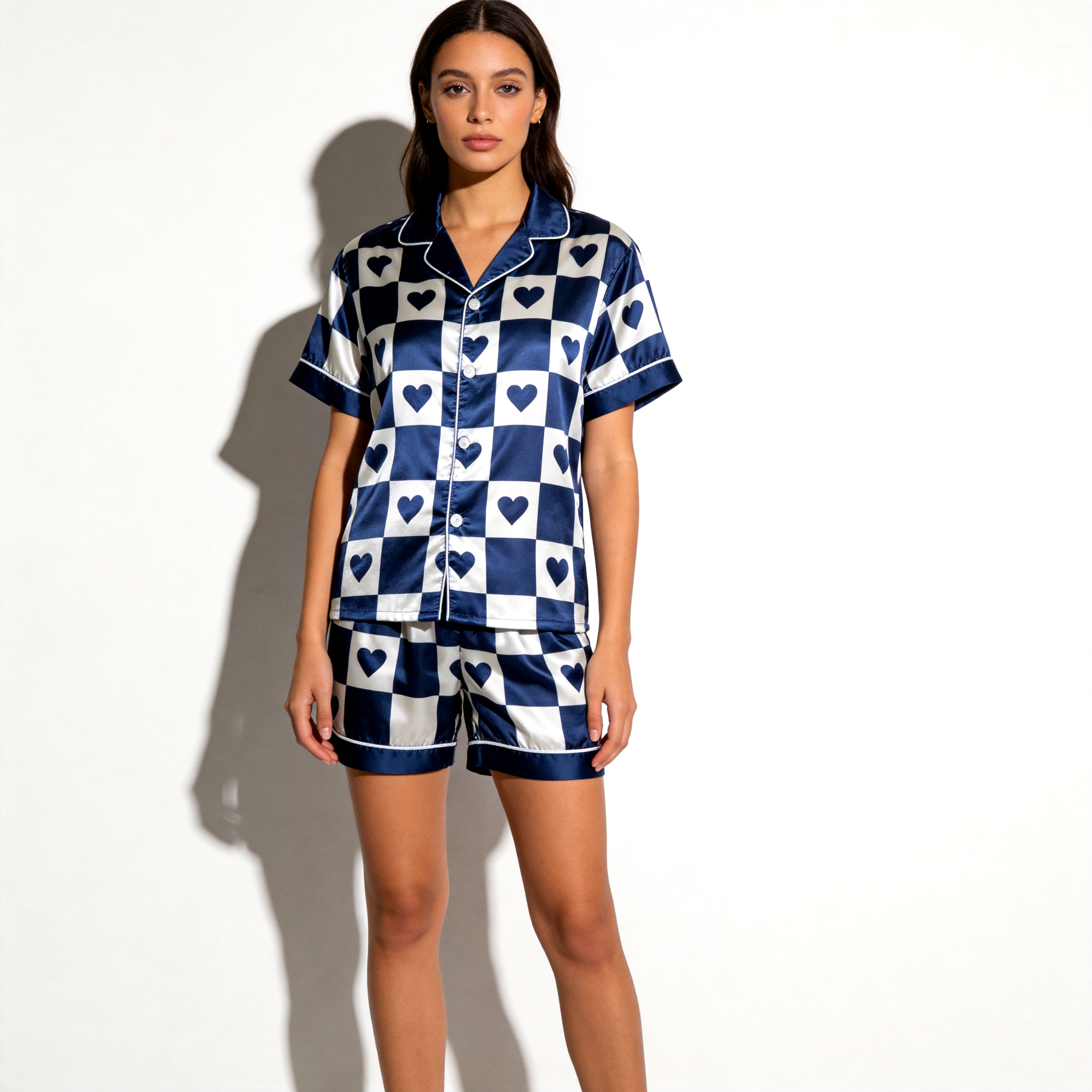 Elegant Navy Plaid Satin Sleepwear – Understated Luxury Couple Set