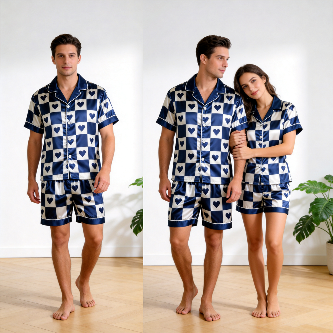 Elegant Navy Plaid Satin Sleepwear – Understated Luxury Couple Set