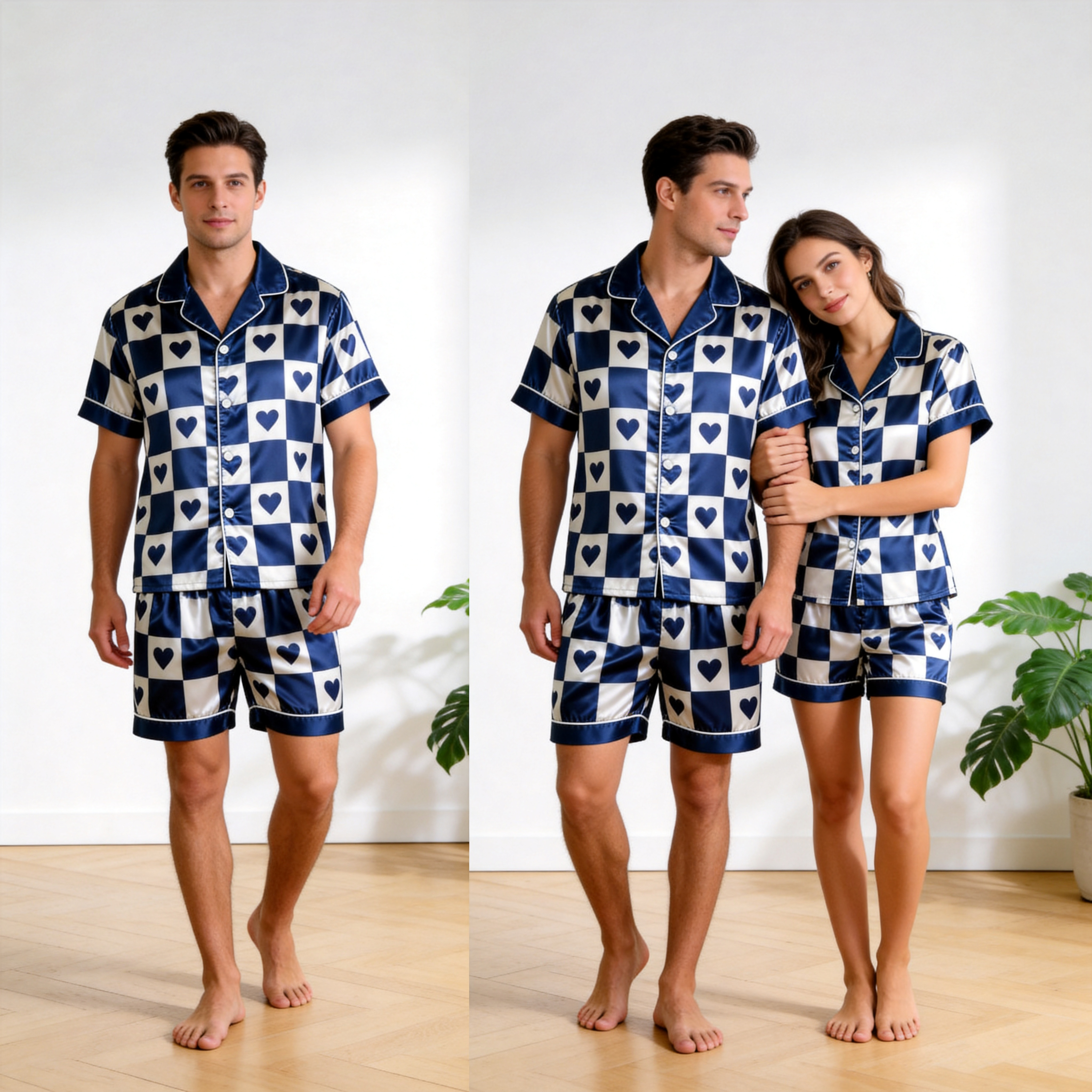 Elegant Navy Plaid Satin Sleepwear – Understated Luxury Couple Set