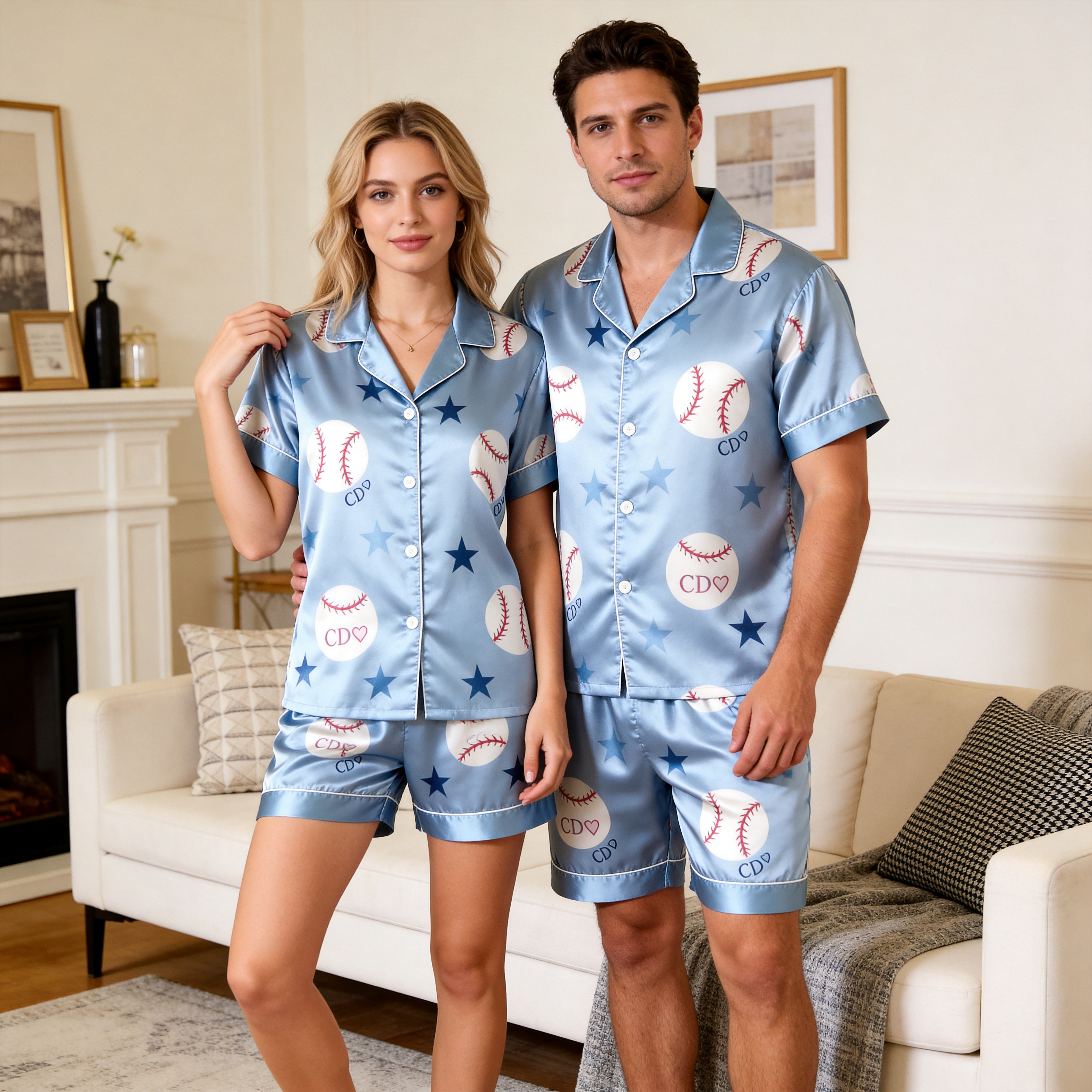 Elegant Satin Fun Print Solid Sleepwear – Understated Luxury Couple Set
