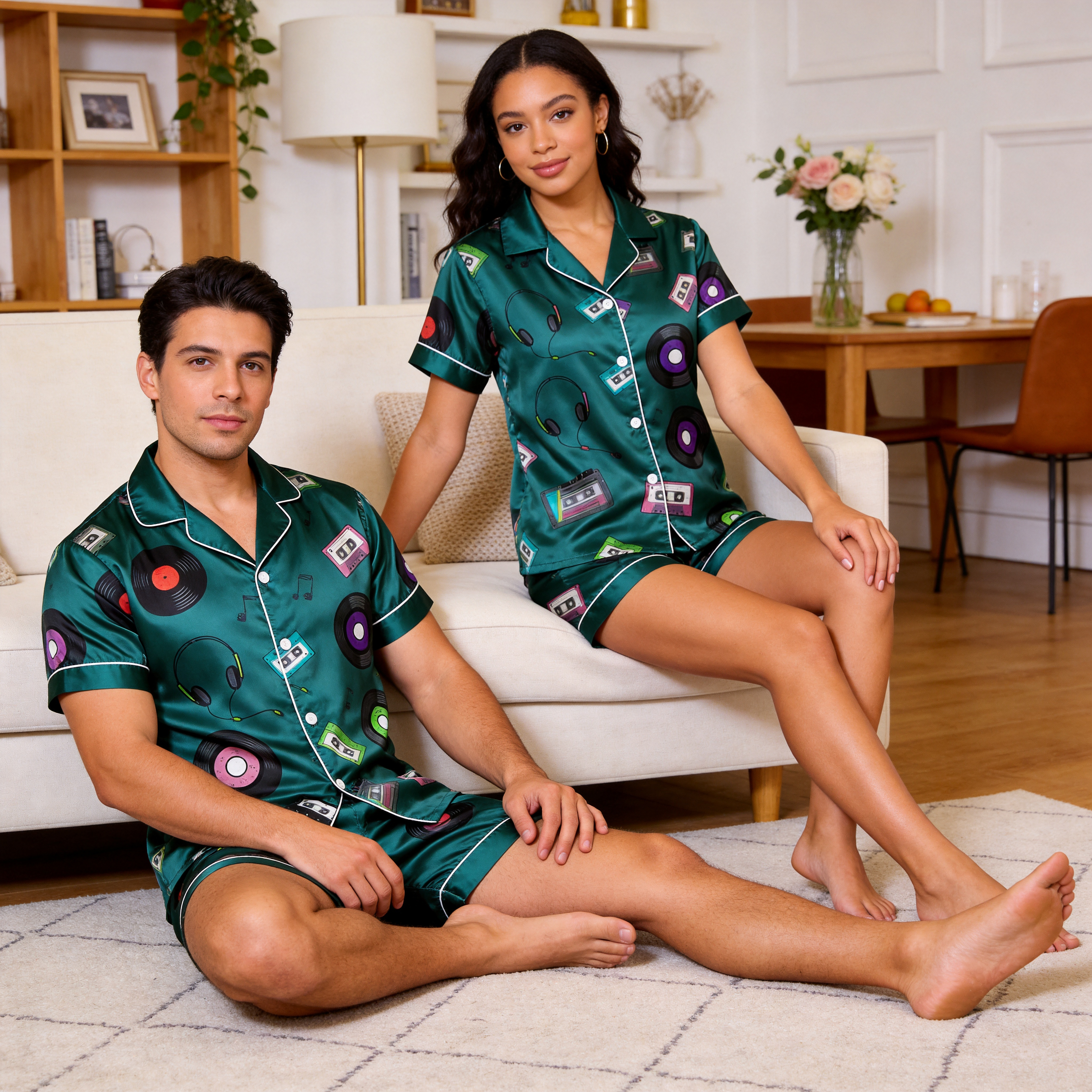 Smooth Satin Fun Design Sleepwear – Casual Summer Couple Pajamas