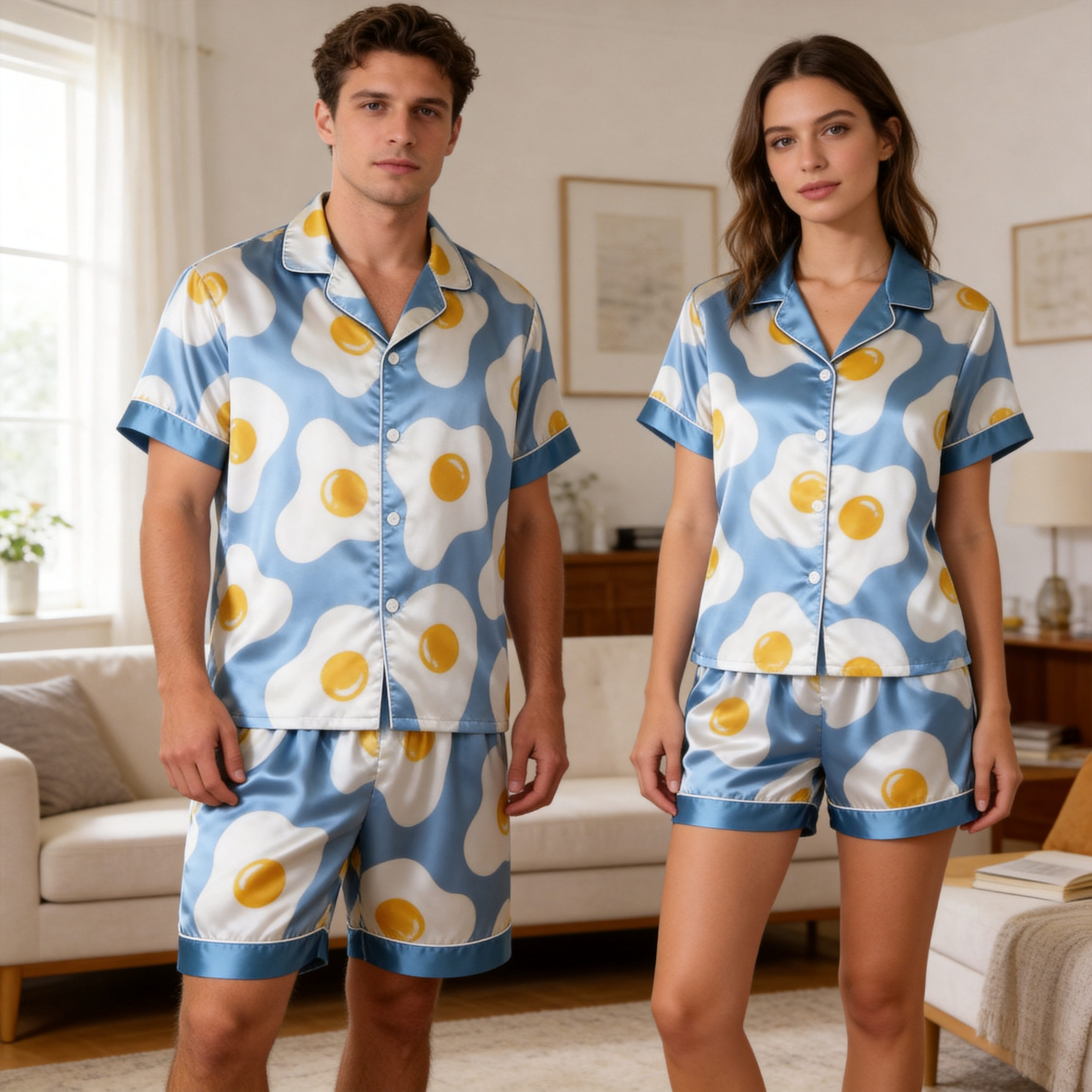 Satin Print Pajama Set – Unique Couple Sleepwear