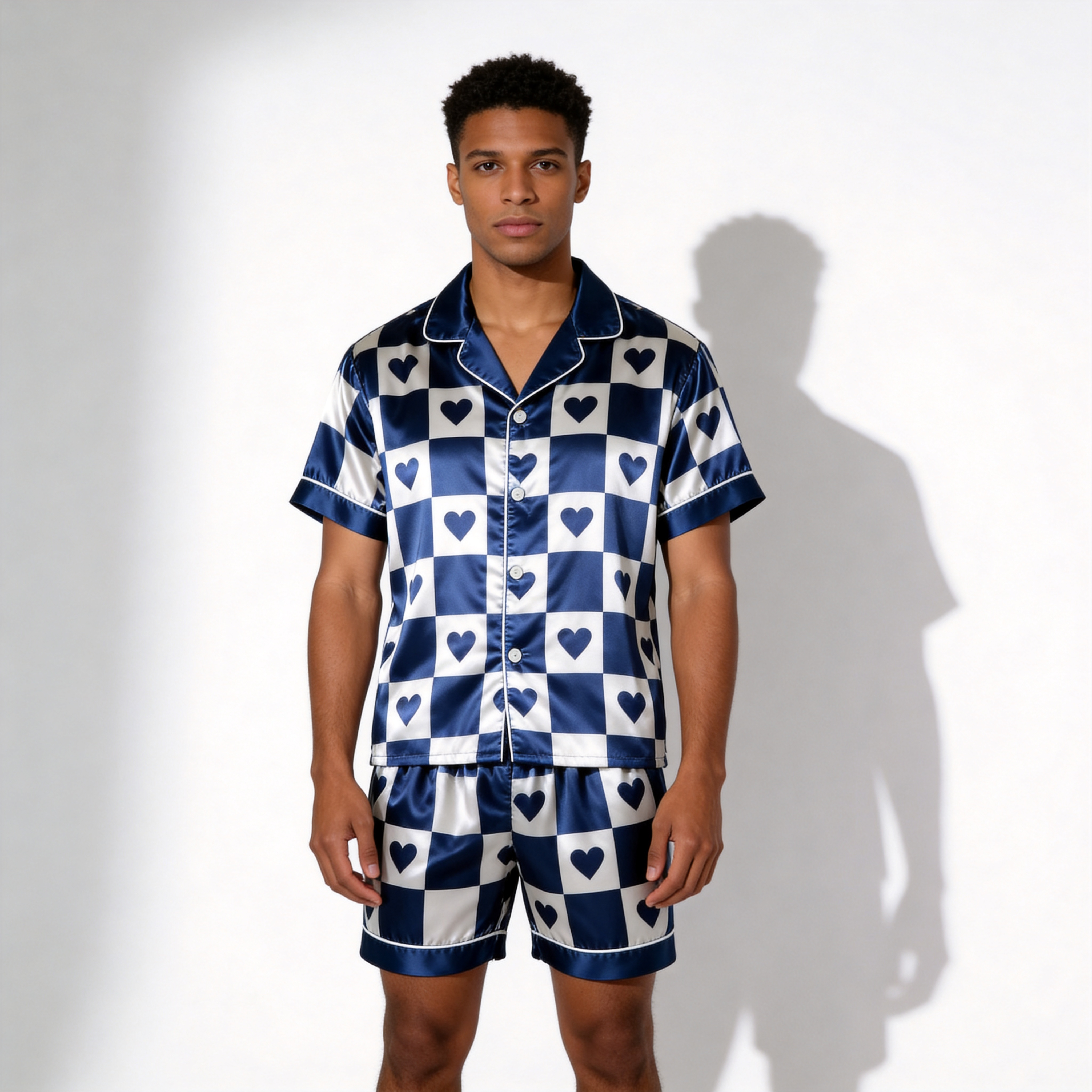 Elegant Navy Plaid Satin Sleepwear – Understated Luxury Couple Set