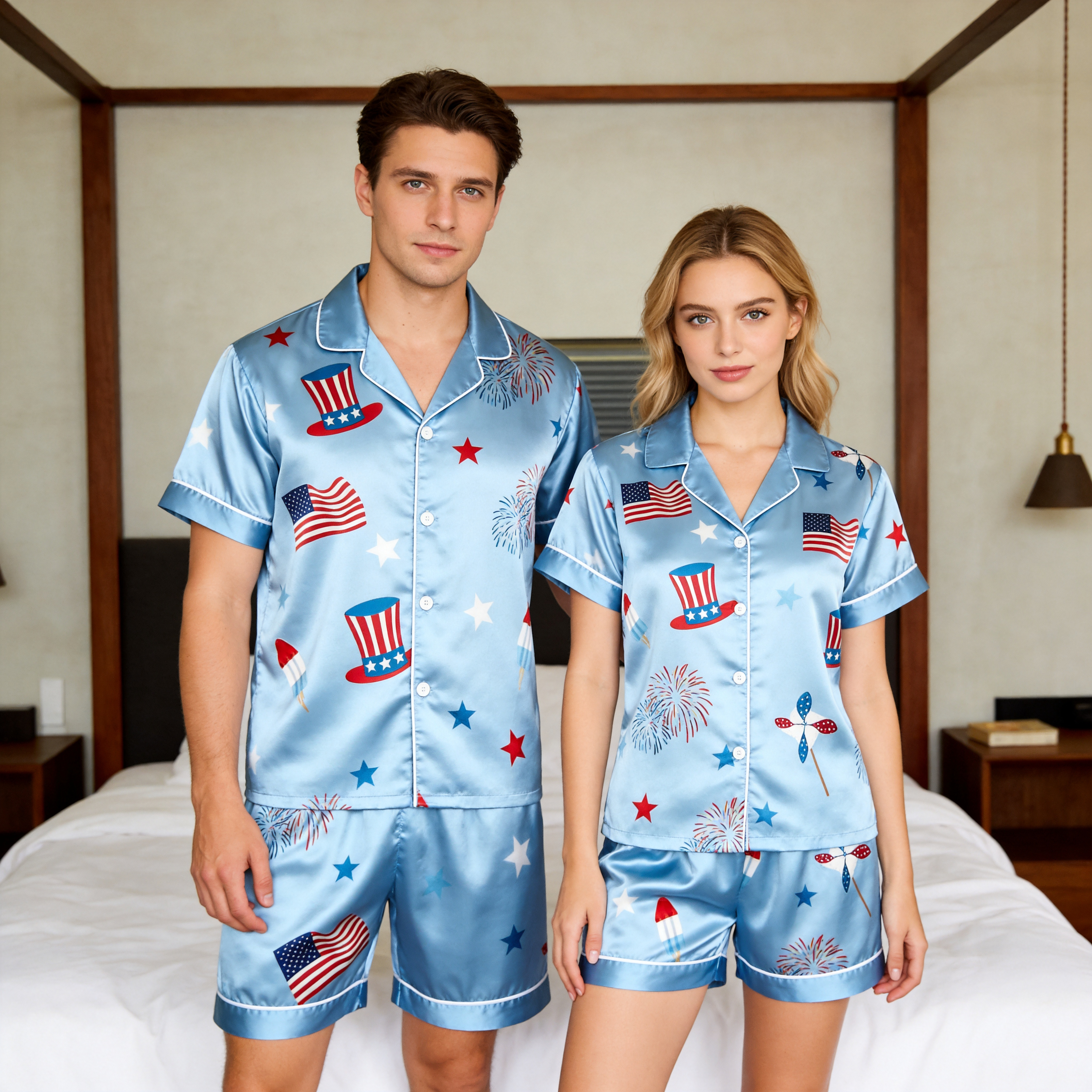 Silky Satin Cute Print Pajama Set – Classic Couple Sleepwear