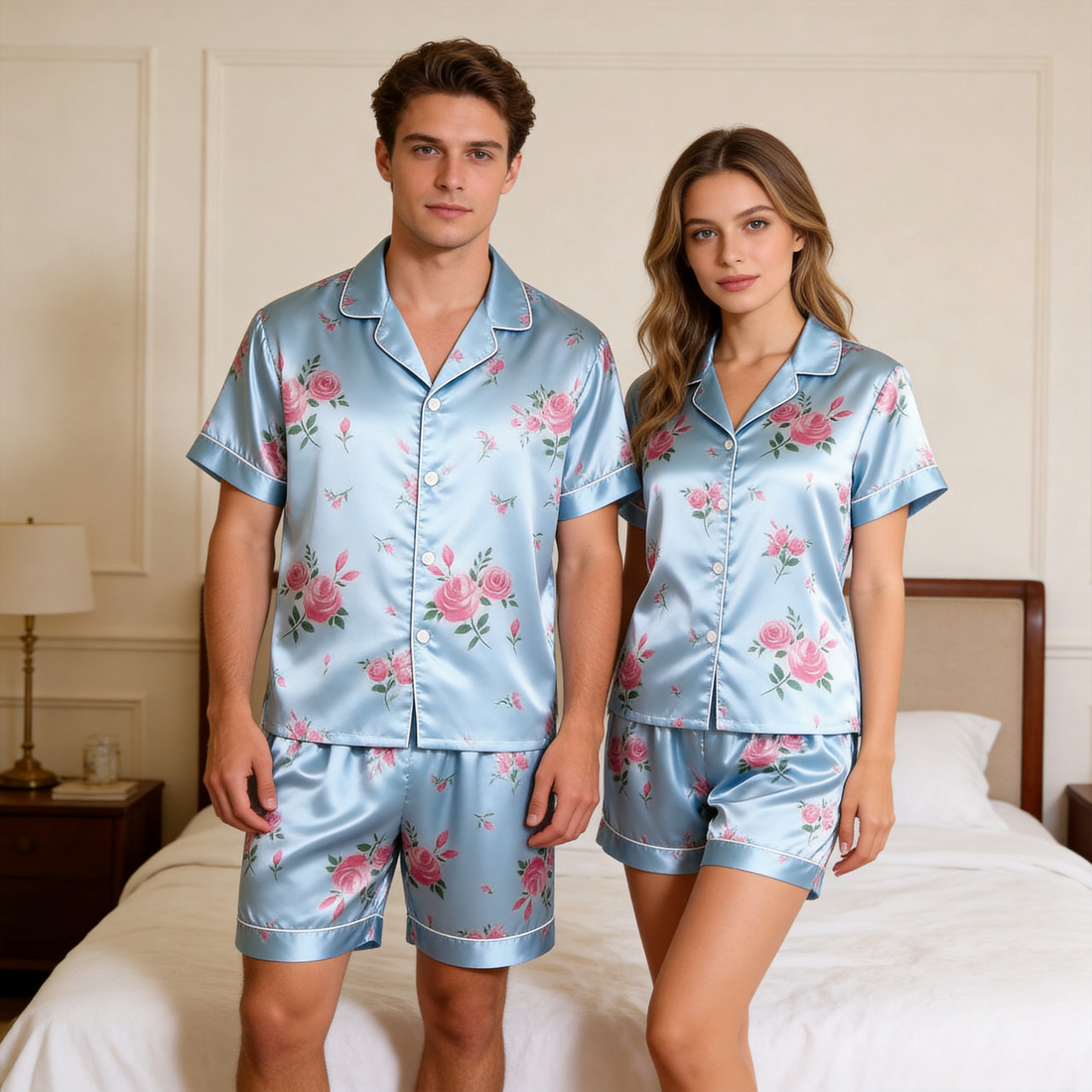 Silky Satin Bloom Print Pajama Set – Classic Couple Sleepwear