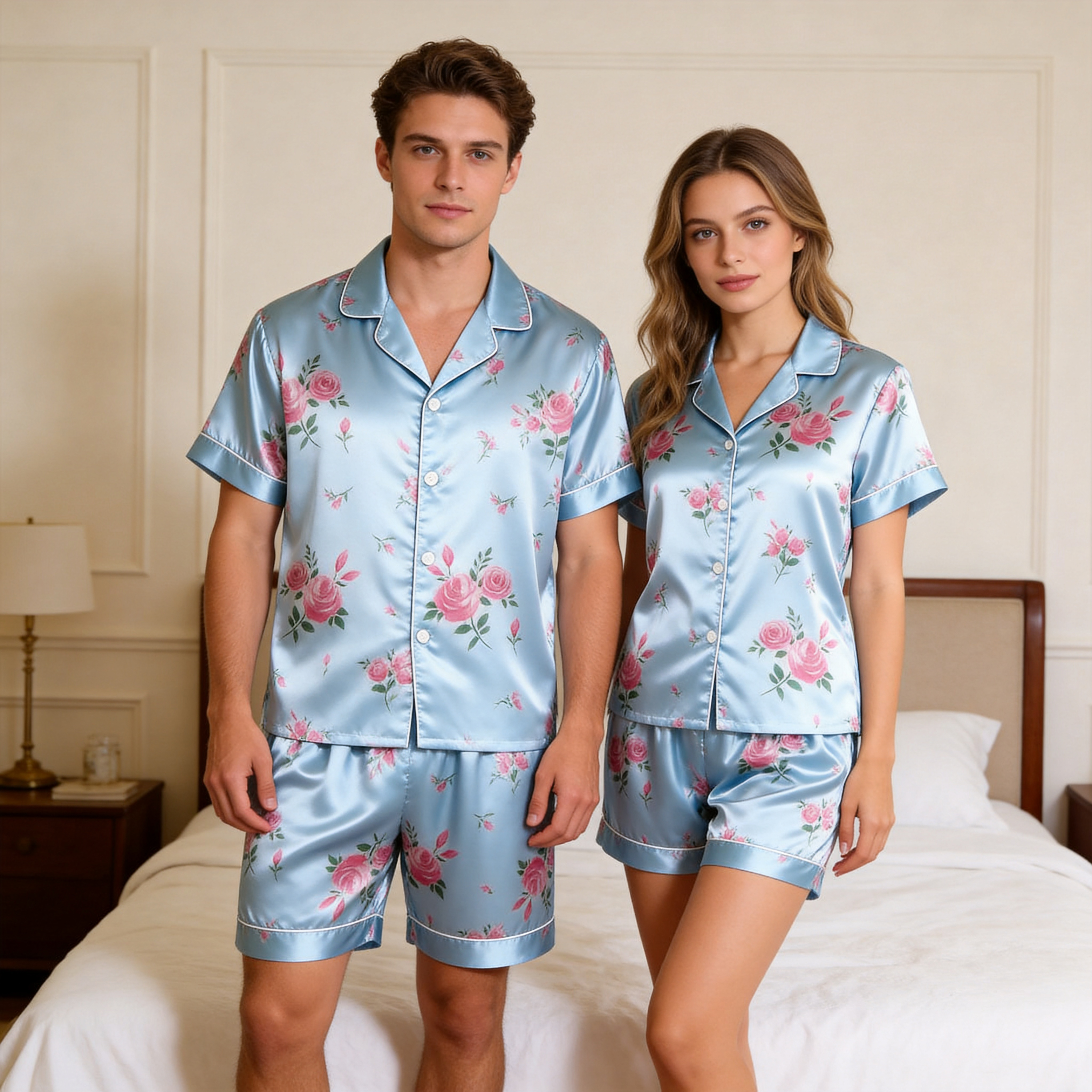 Silky Satin Bloom Print Pajama Set – Classic Couple Sleepwear