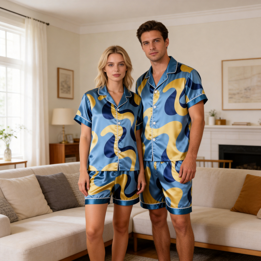 Elegant Satin Artistic Print Solid Sleepwear – Understated Luxury Couple Set