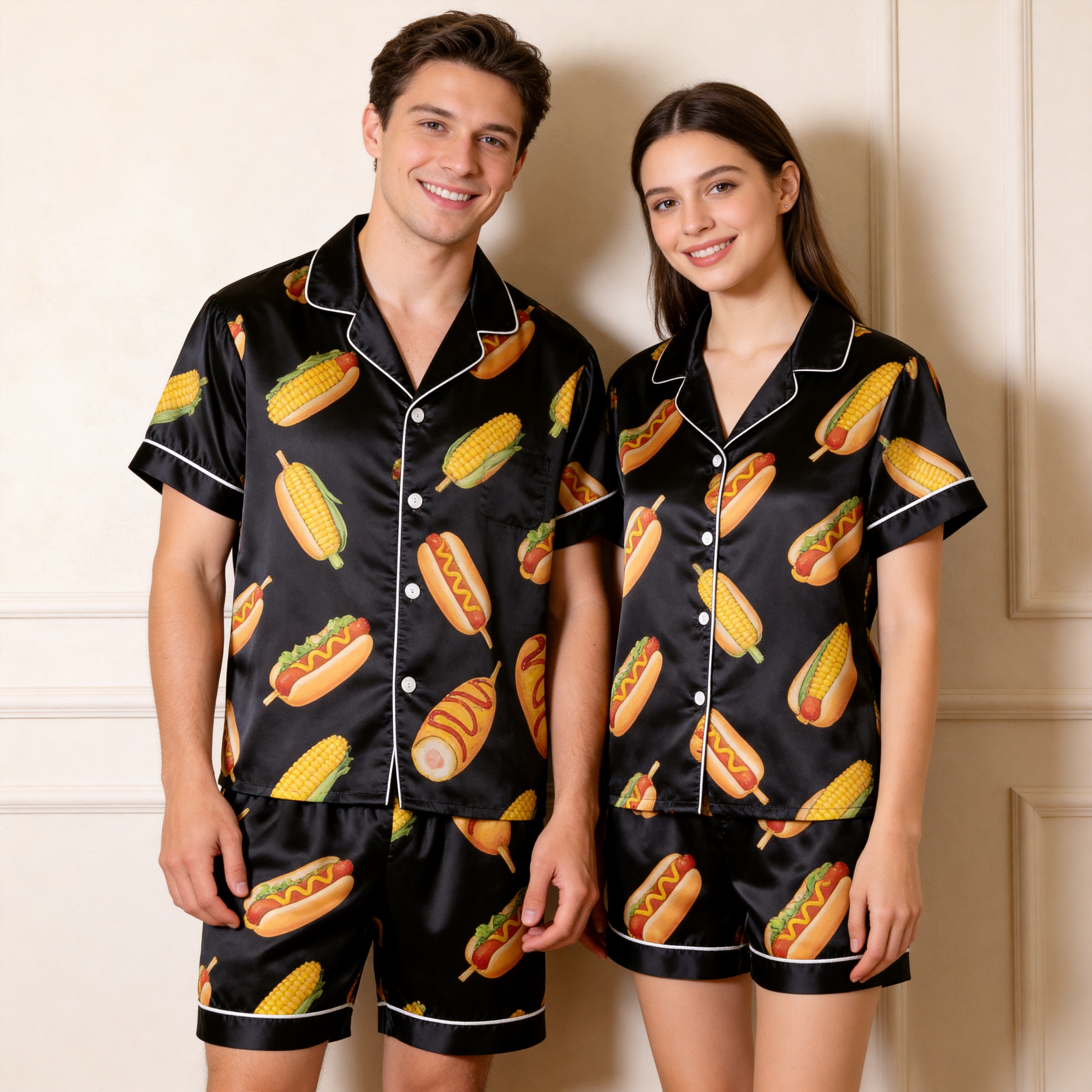 Fun Design Satin Solid Black Sleepwear – Understated Luxury Couple Set