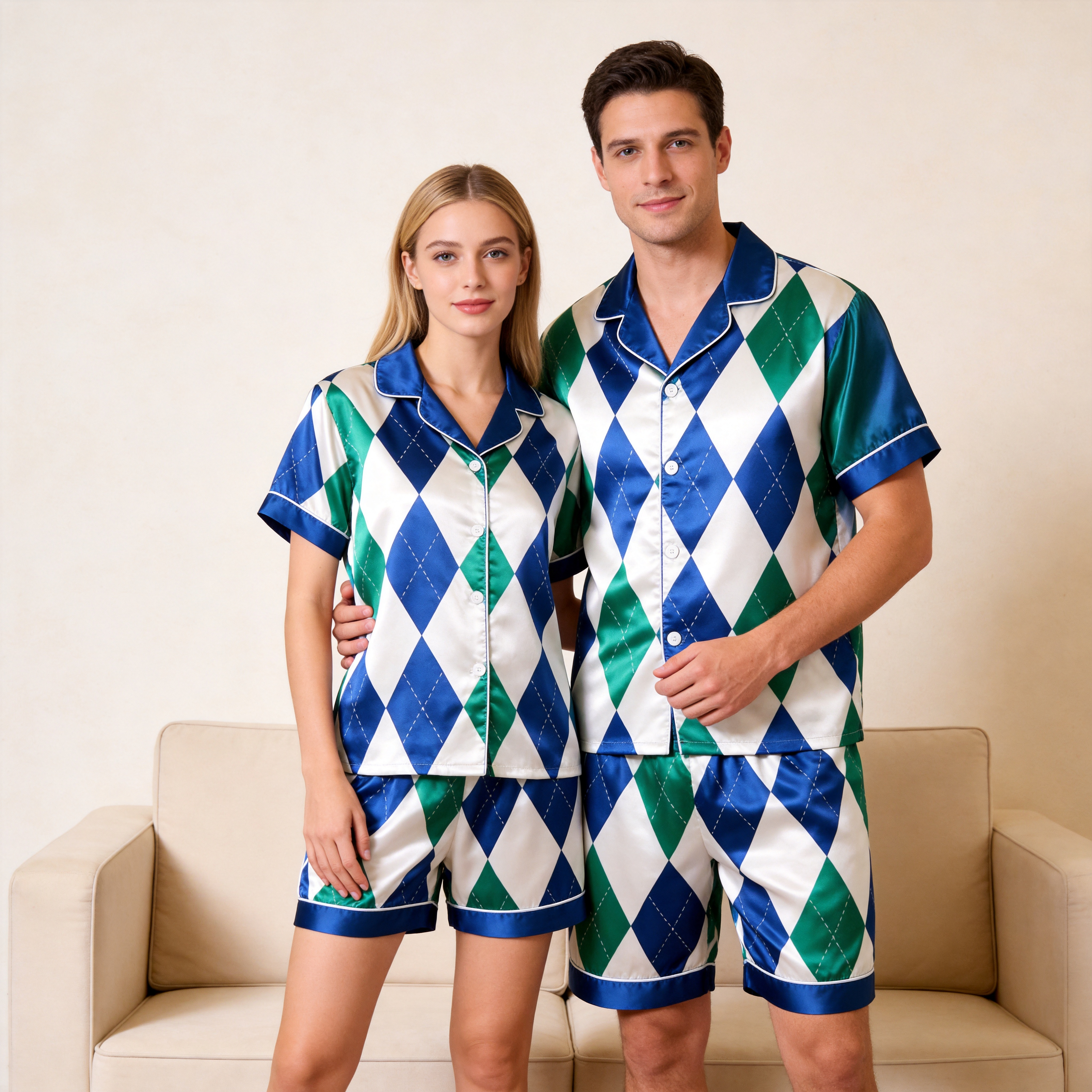 Green & Blue Plaid Design Satin Solid Sleepwear – Understated Luxury Couple Set
