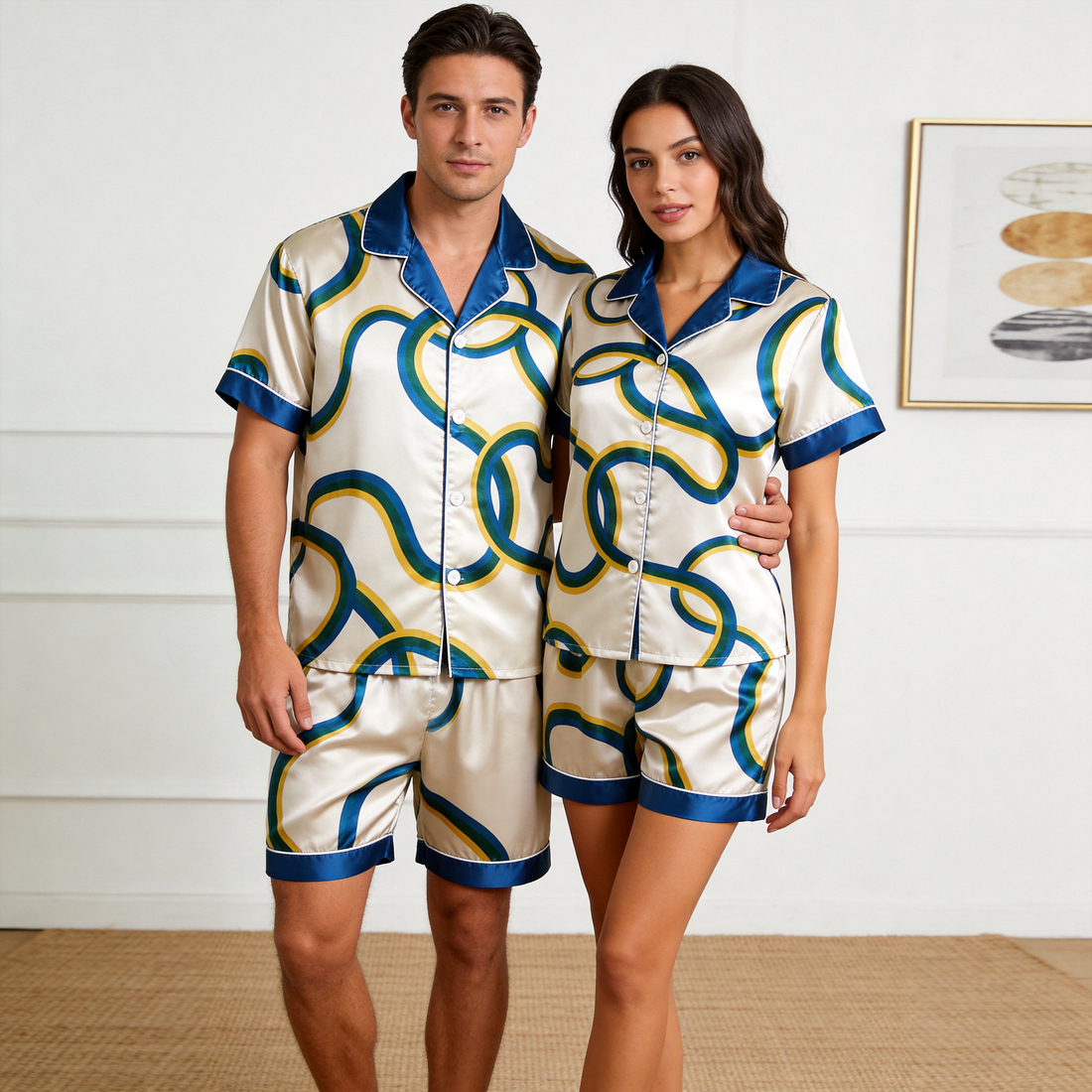 Line Art Design Satin Sleepwear – Understated Luxury Couple Set