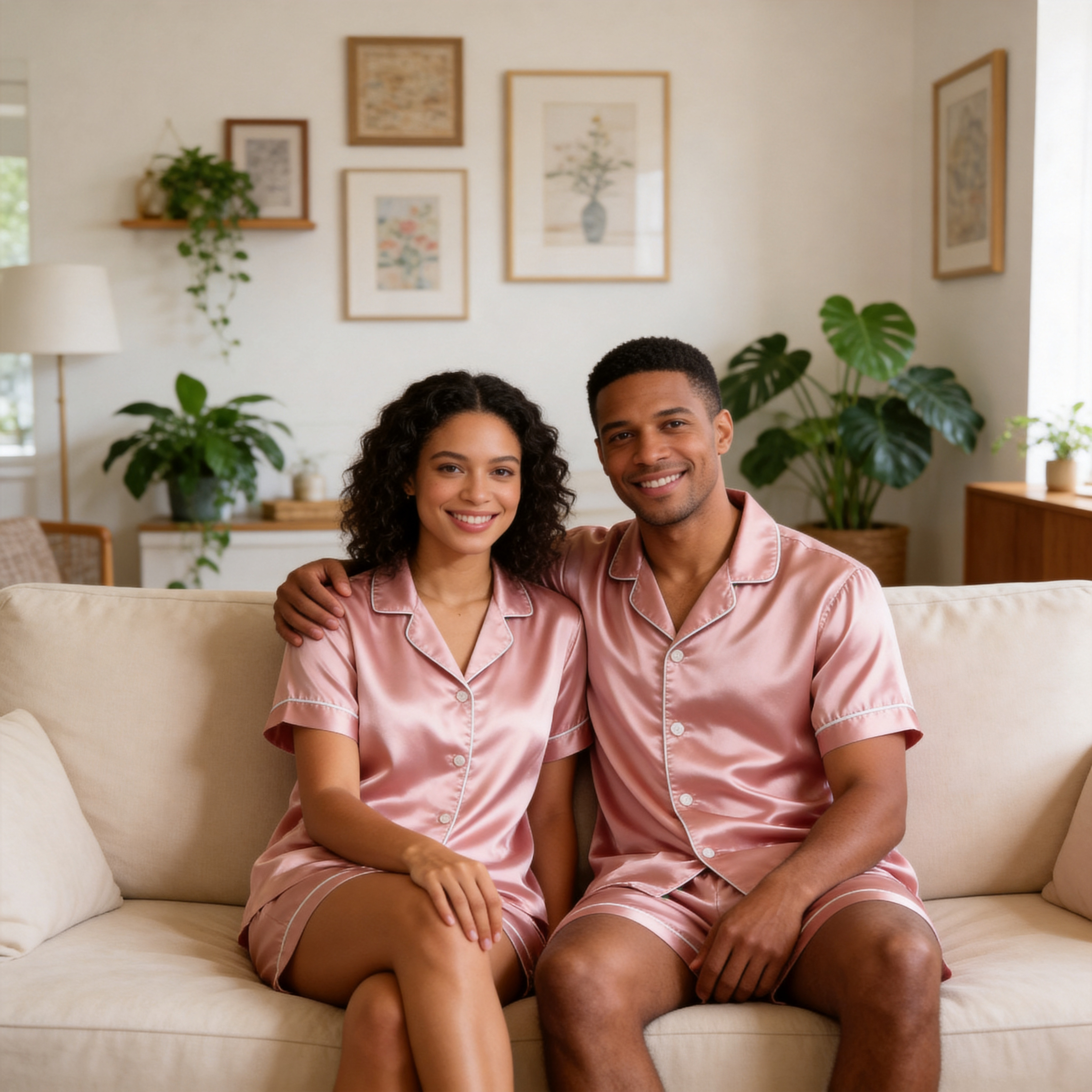 Elegant Pink Satin Sleepwear – Understated Luxury Couple Set