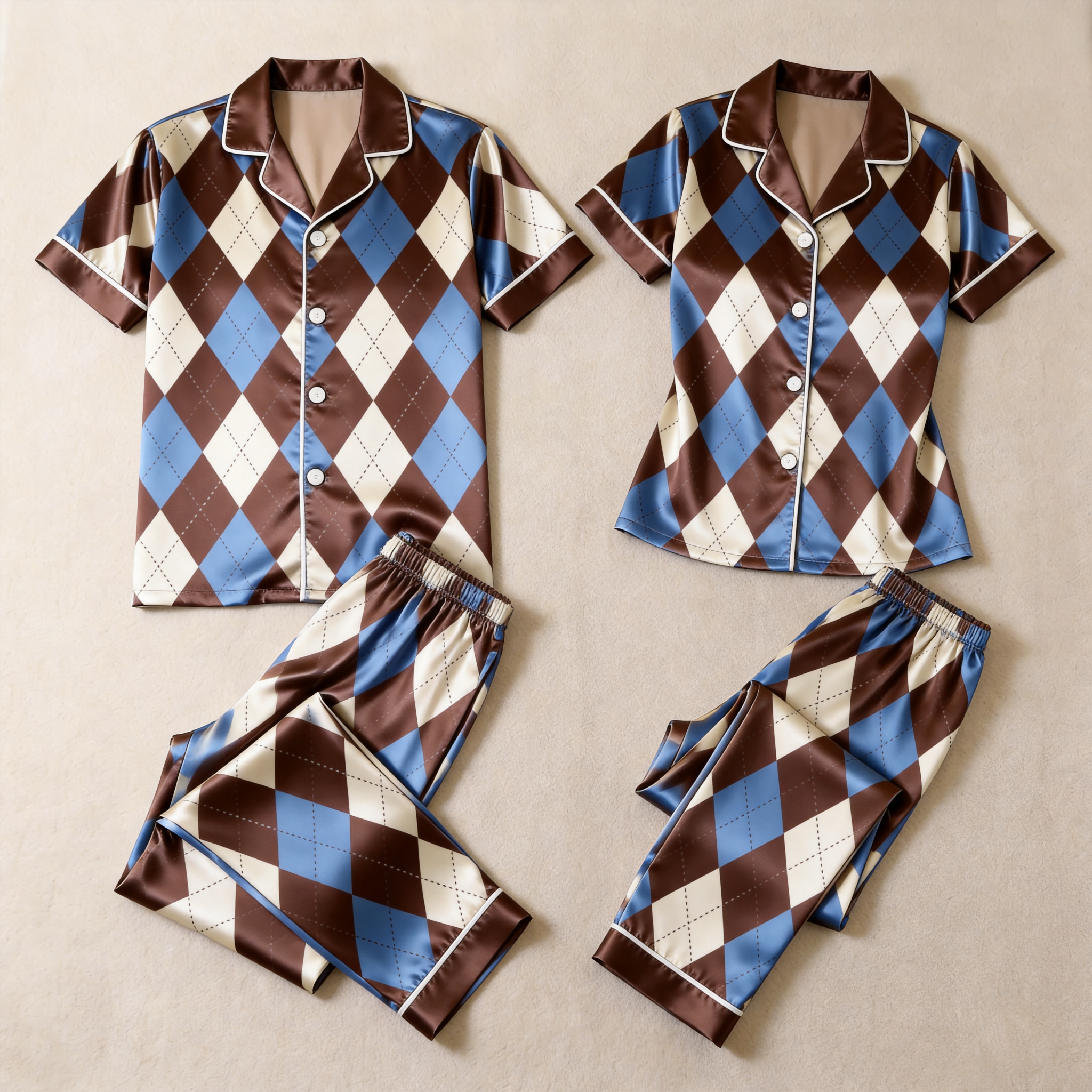 Argyle Satin Matching Pajamas for Couples – Short Sleeve Button-Down Top & Pants Sleepwear Set