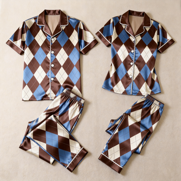 Argyle Satin Matching Pajamas for Couples – Short Sleeve Button-Down Top & Pants Sleepwear Set