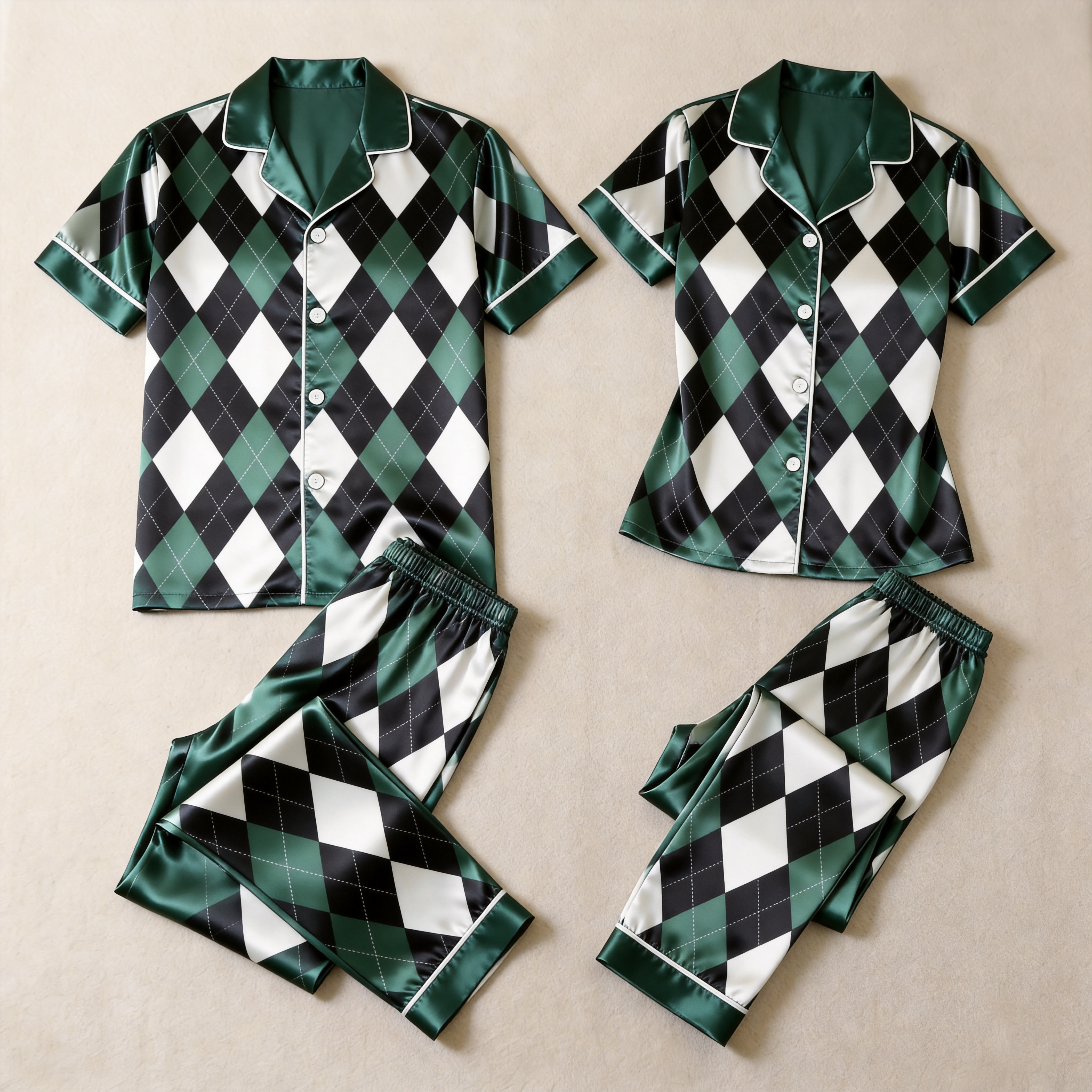 Argyle Satin Matching Pajamas for Couples – Short Sleeve Button-Down Top & Pants Sleepwear Set