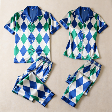 Blue Argyle Satin Matching Pajamas for Couples – Short Sleeve Button-Down Top & Pants Sleepwear Set